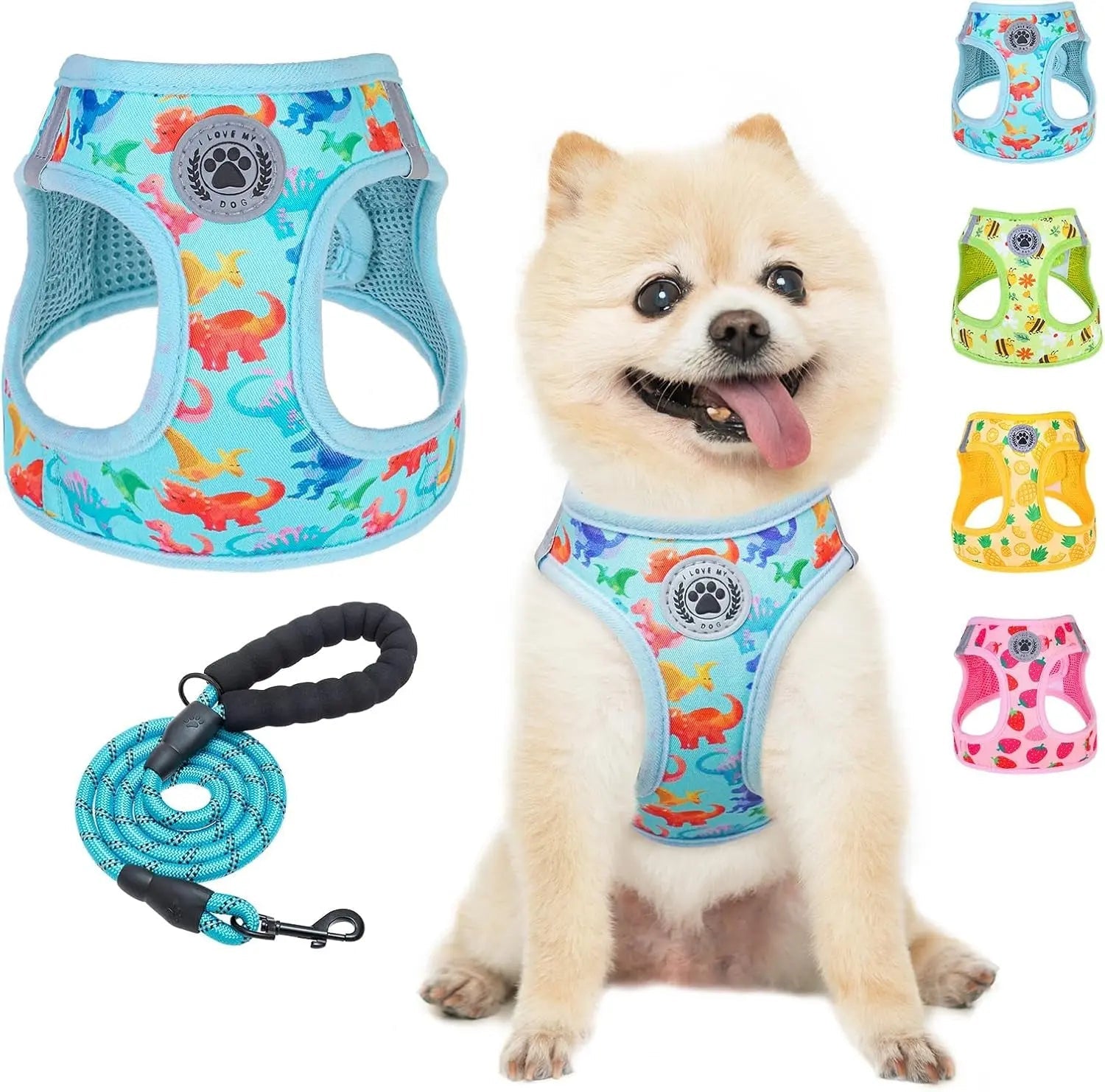 Blue dinosaur-print step-in dog harness with breathable mesh and matching blue coiled leash
