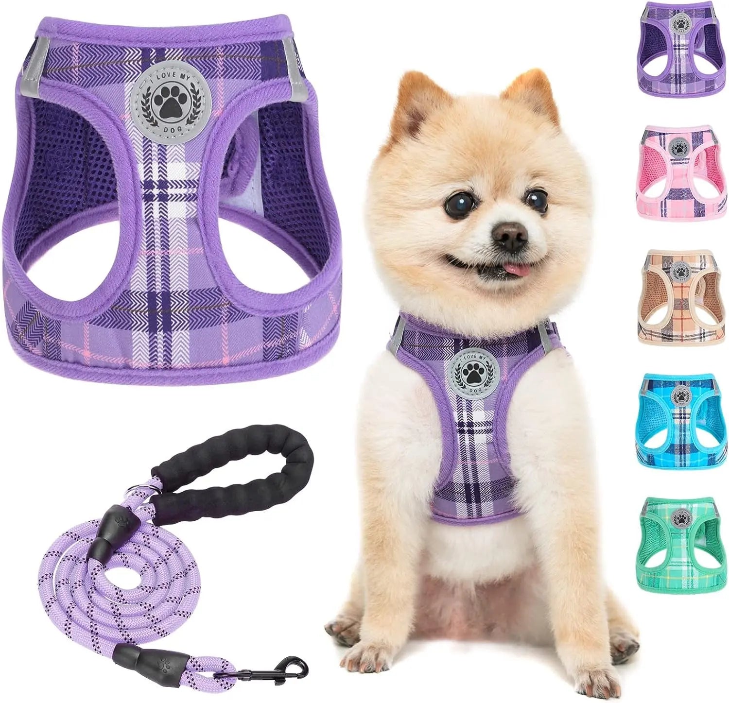 Dog harness and leash set, purple plaid mesh step-in style with matching rope leash