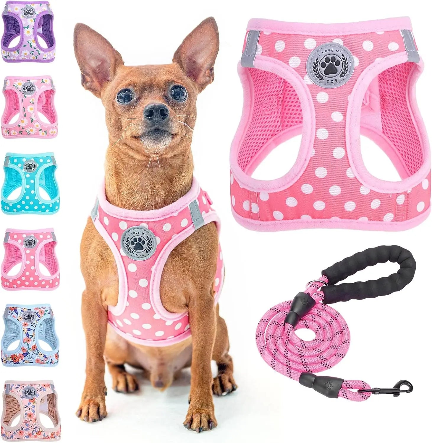 Dog harness and leash set, pink polka dot mesh step-in with matching rope leash