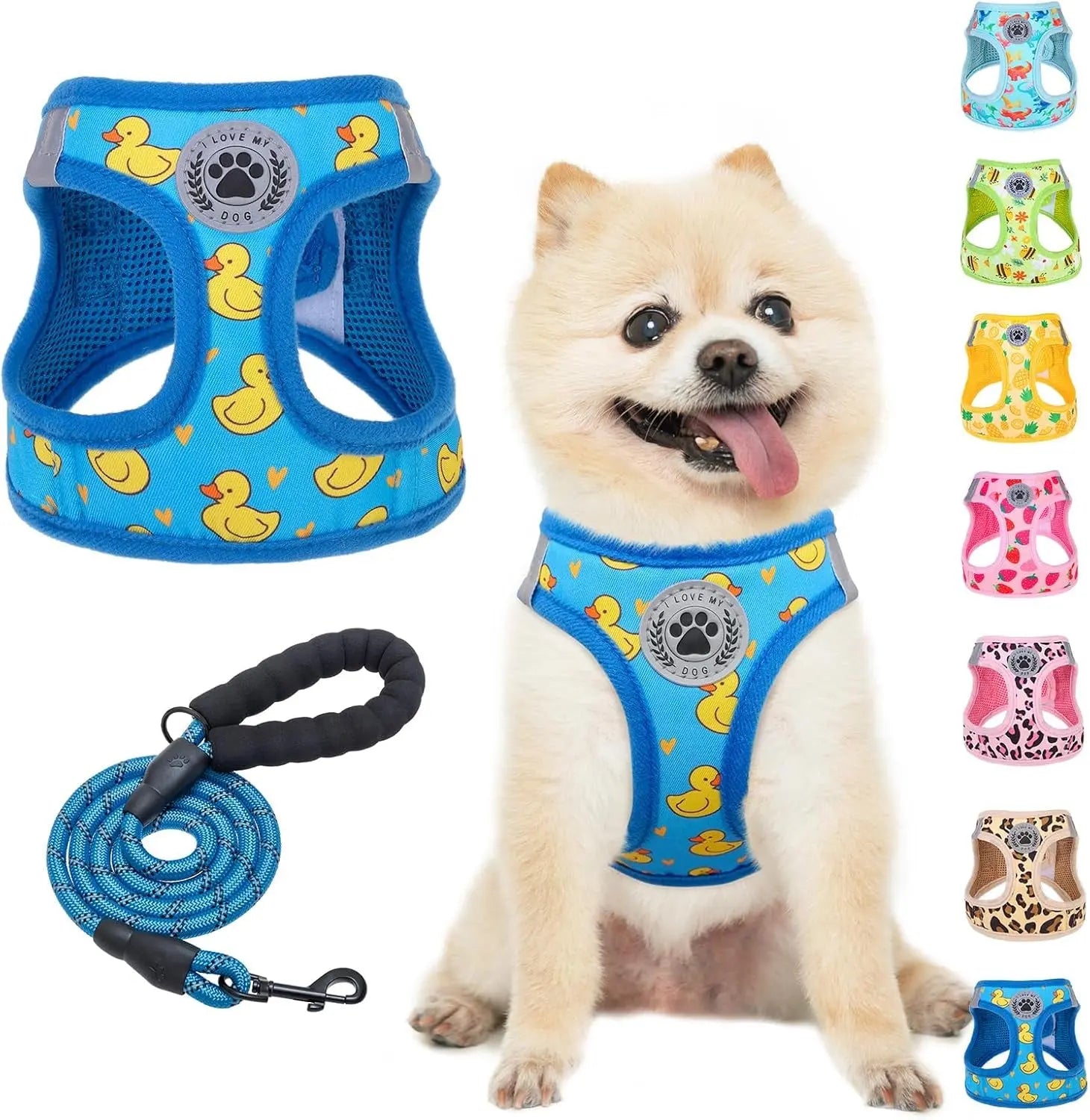 Dog harness and leash set, blue duck print mesh step-in with matching rope leash