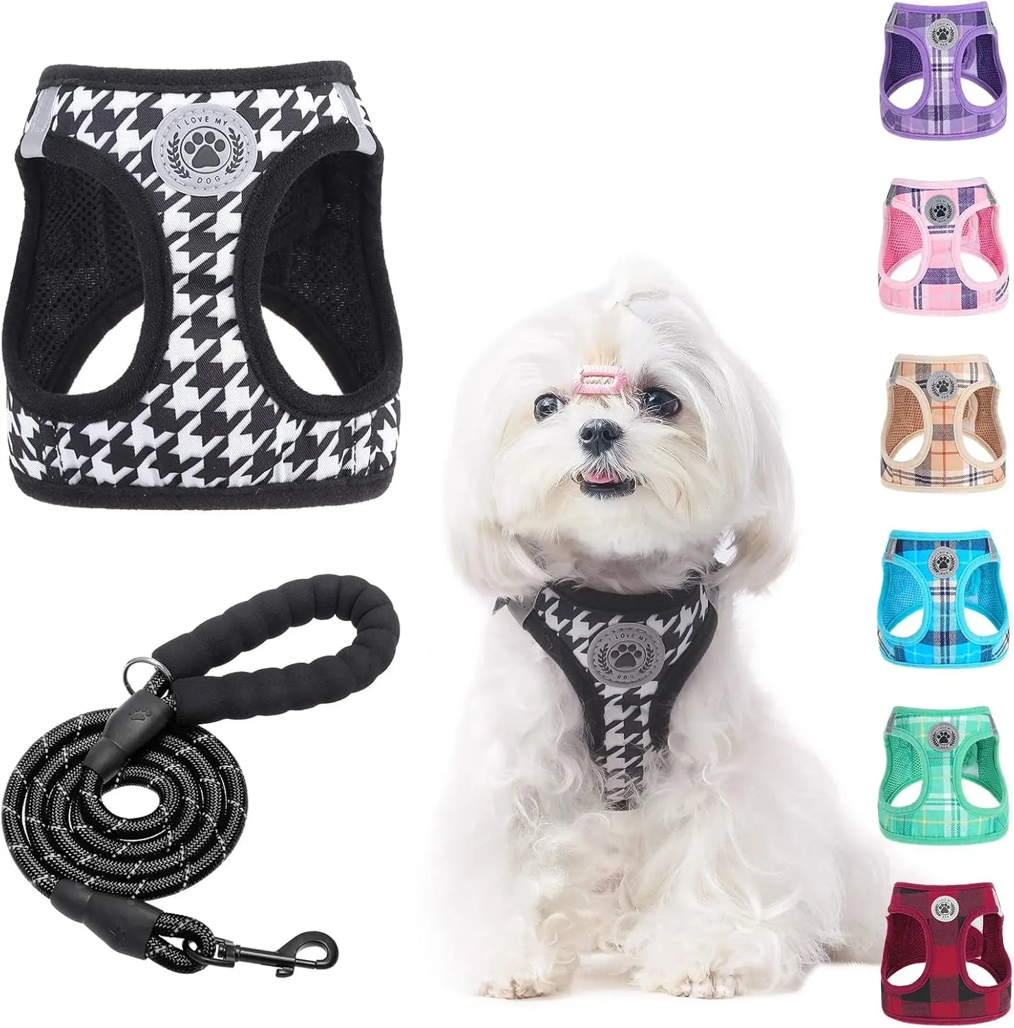 Dog harness and leash set, black white houndstooth mesh step-in with matching rope leash