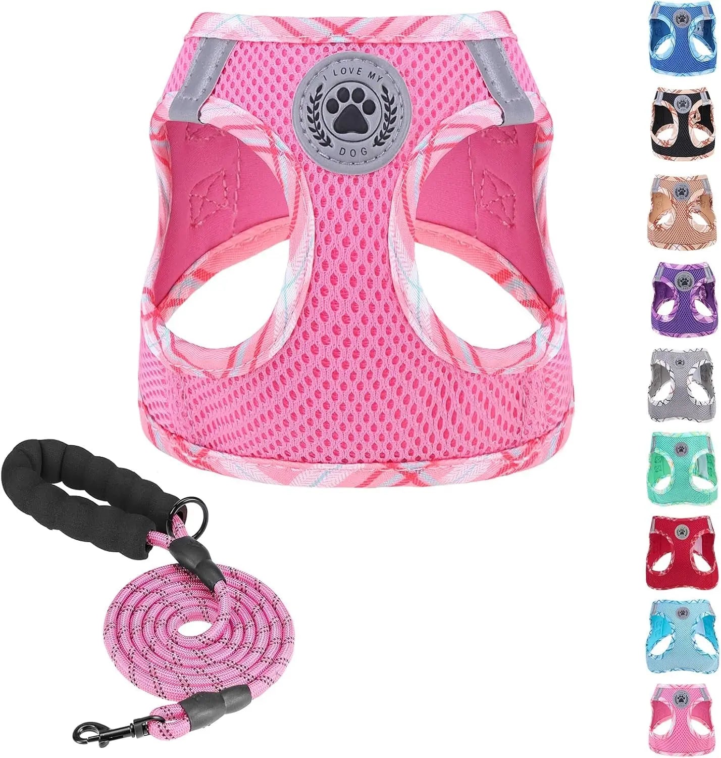 Dog harness and leash set, pink mesh with plaid accents step-in and matching rope leash