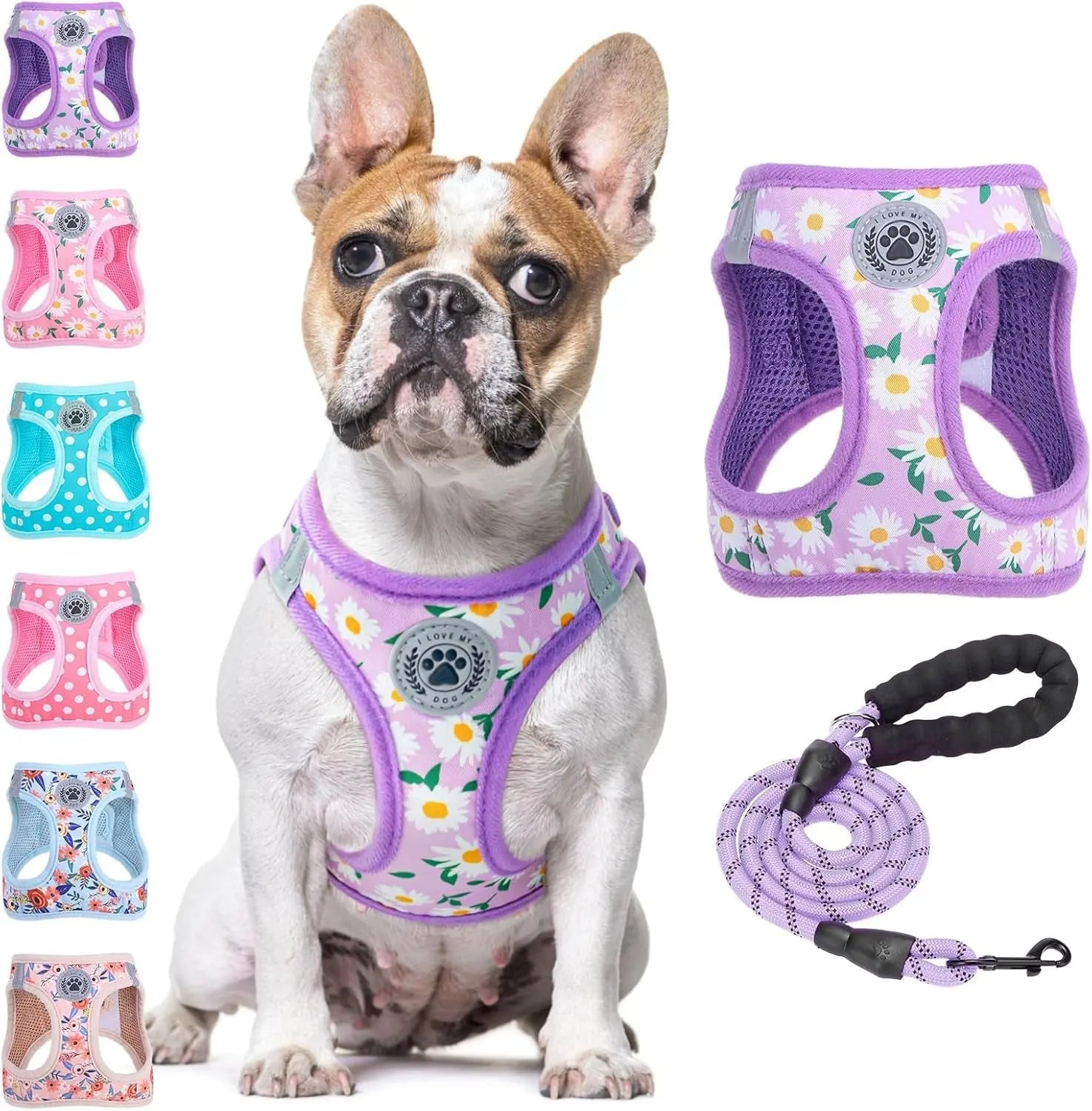 Dog harness and leash set, purple floral mesh step-in with matching rope leash