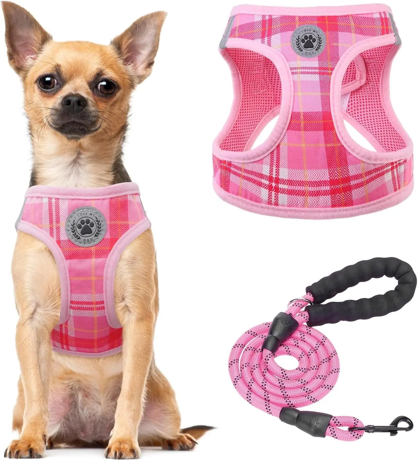 Dog harness and leash set, pink plaid mesh step-in with matching rope leash