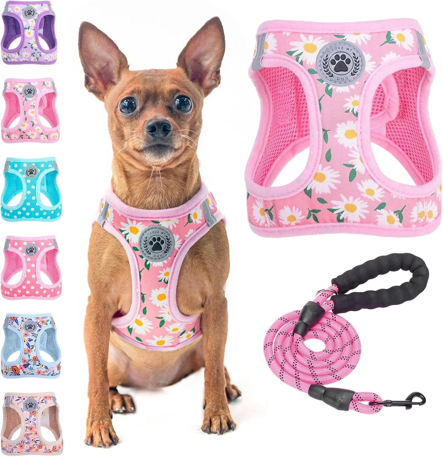 Dog harness and leash set, pink daisy floral mesh step-in with matching rope leash