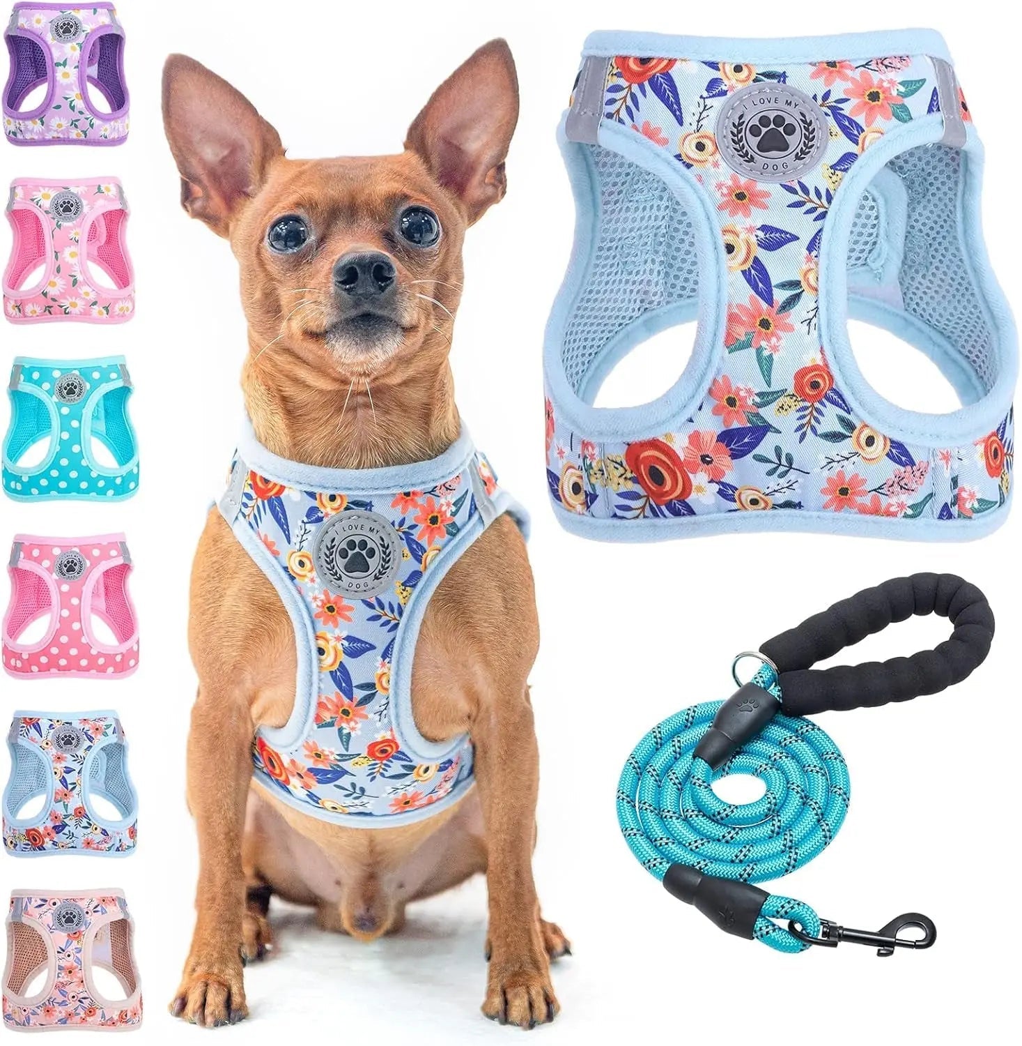 Dog harness and leash set, blue floral mesh step-in with matching rope leash