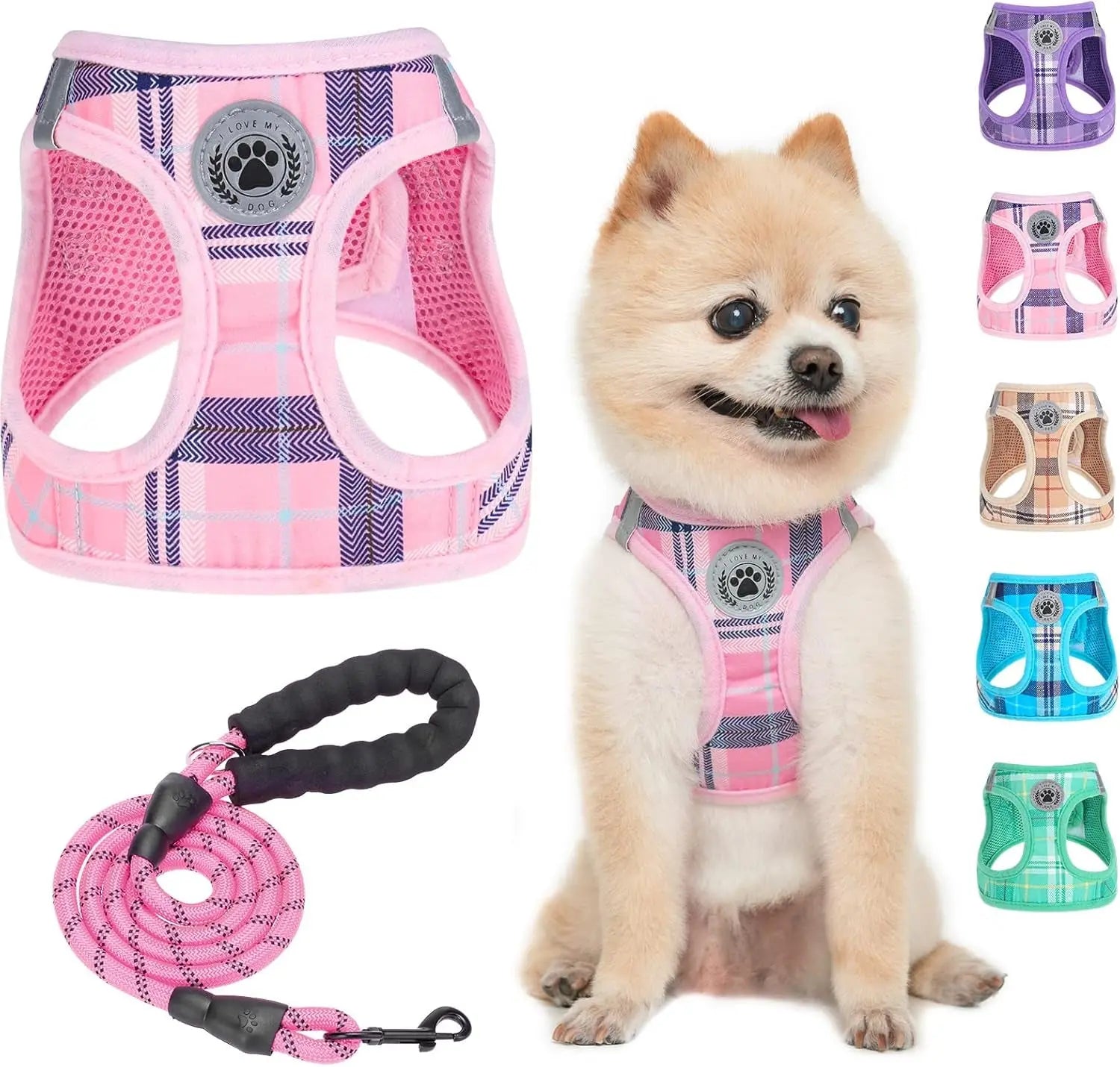 Pink step-in dog harness with paw badge and matching leash set, mesh panels