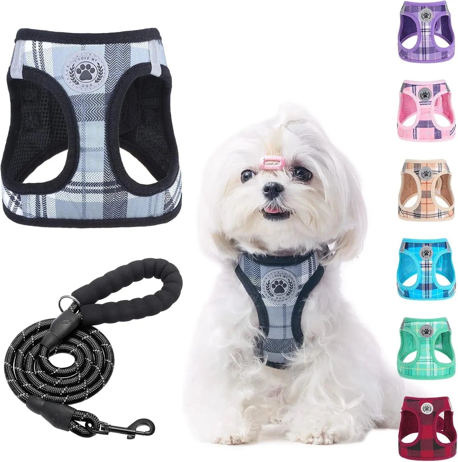 Black and white step-in dog harness with paw badge and matching leash set, mesh mesh
