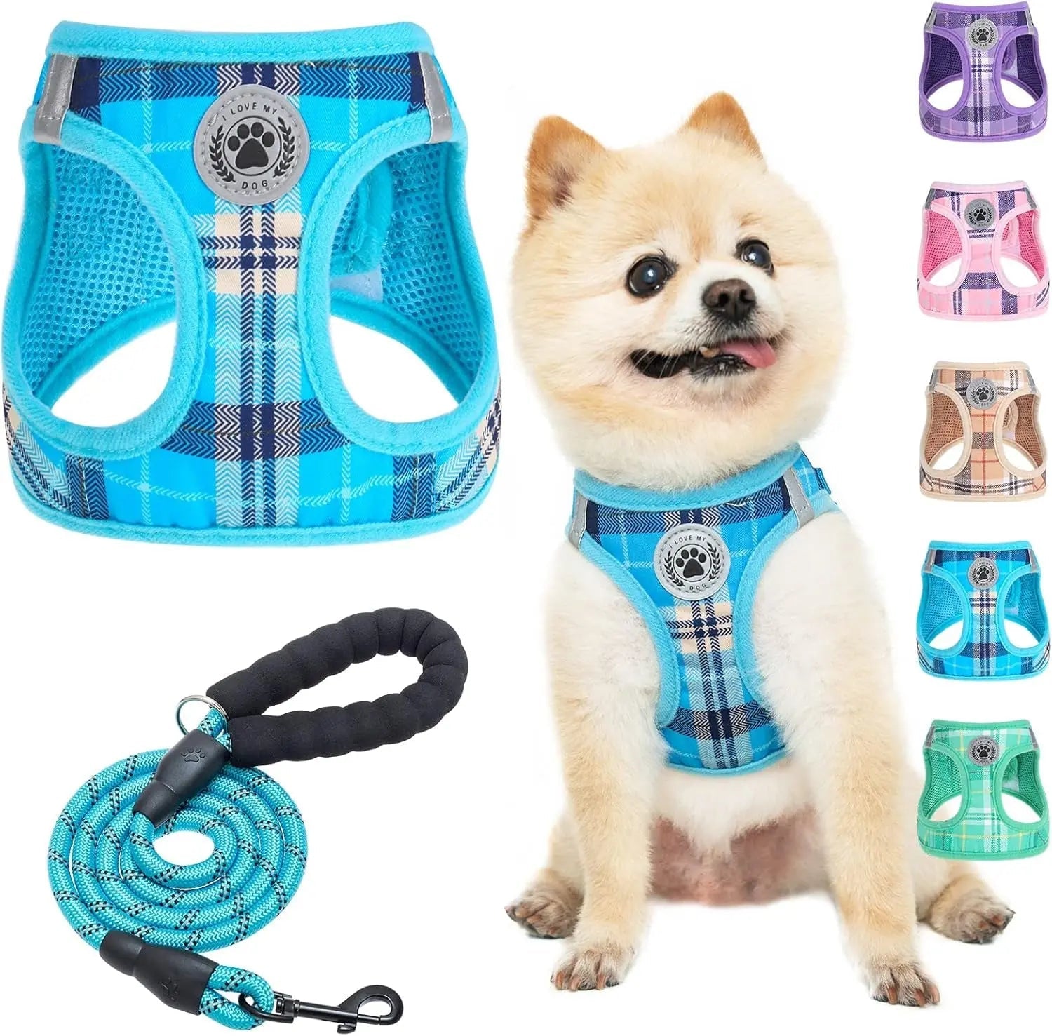 Turquoise step-in dog harness with paw badge and matching leash set, plaid trim