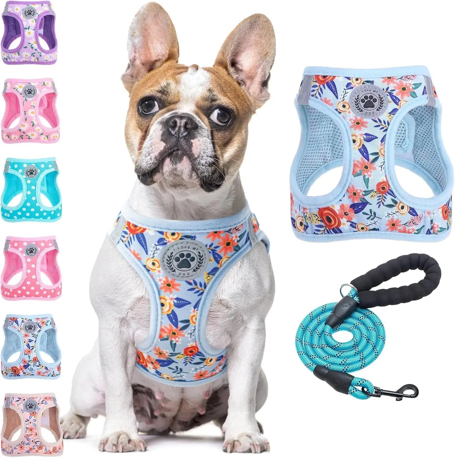 Floral step-in dog harness with paw badge and turquoise leash set, mesh design