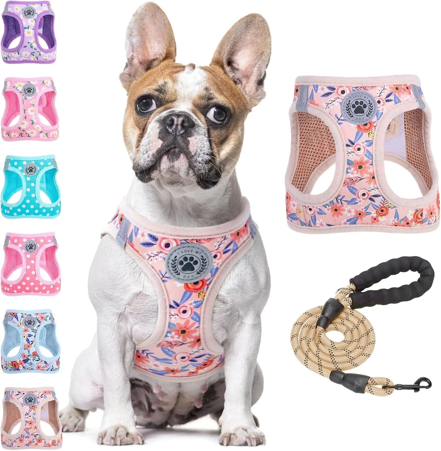 Floral step-in dog harness with paw badge and patterned beige leash set, mesh panels