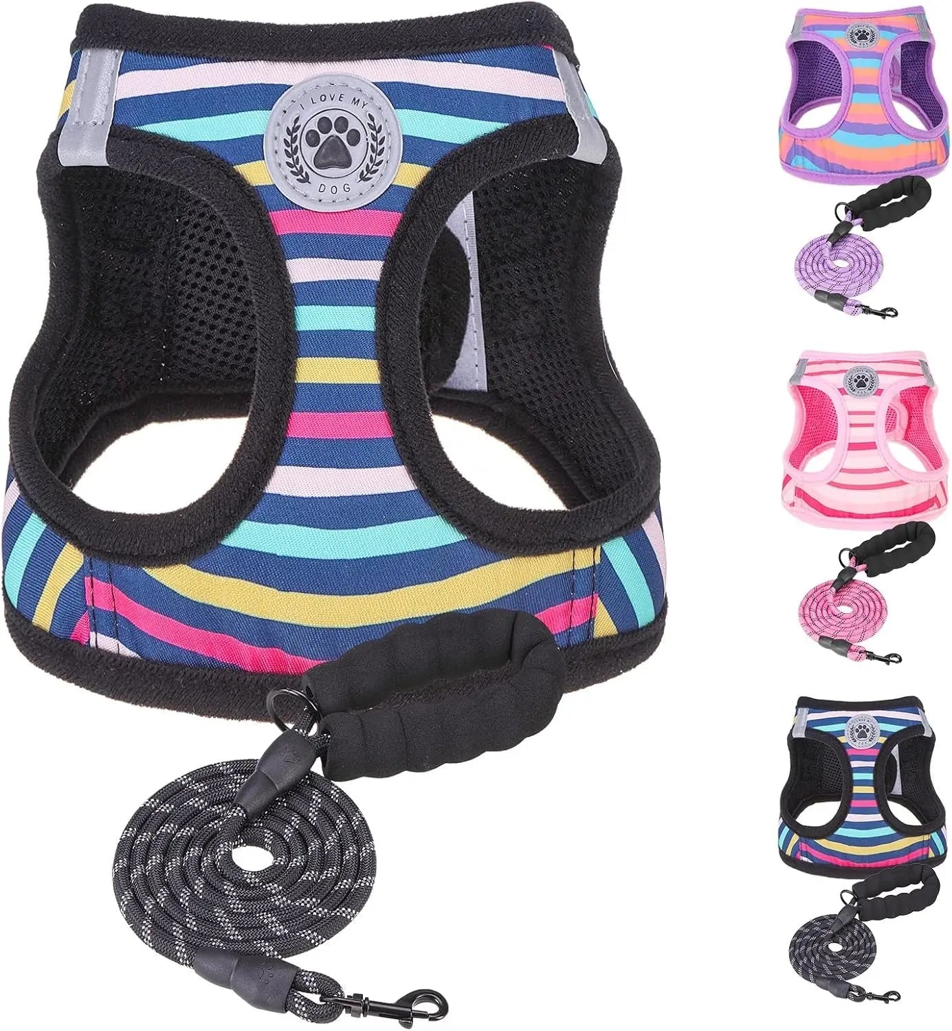 Rainbow stripe step-in dog harness with paw badge and matching leash set, black trim