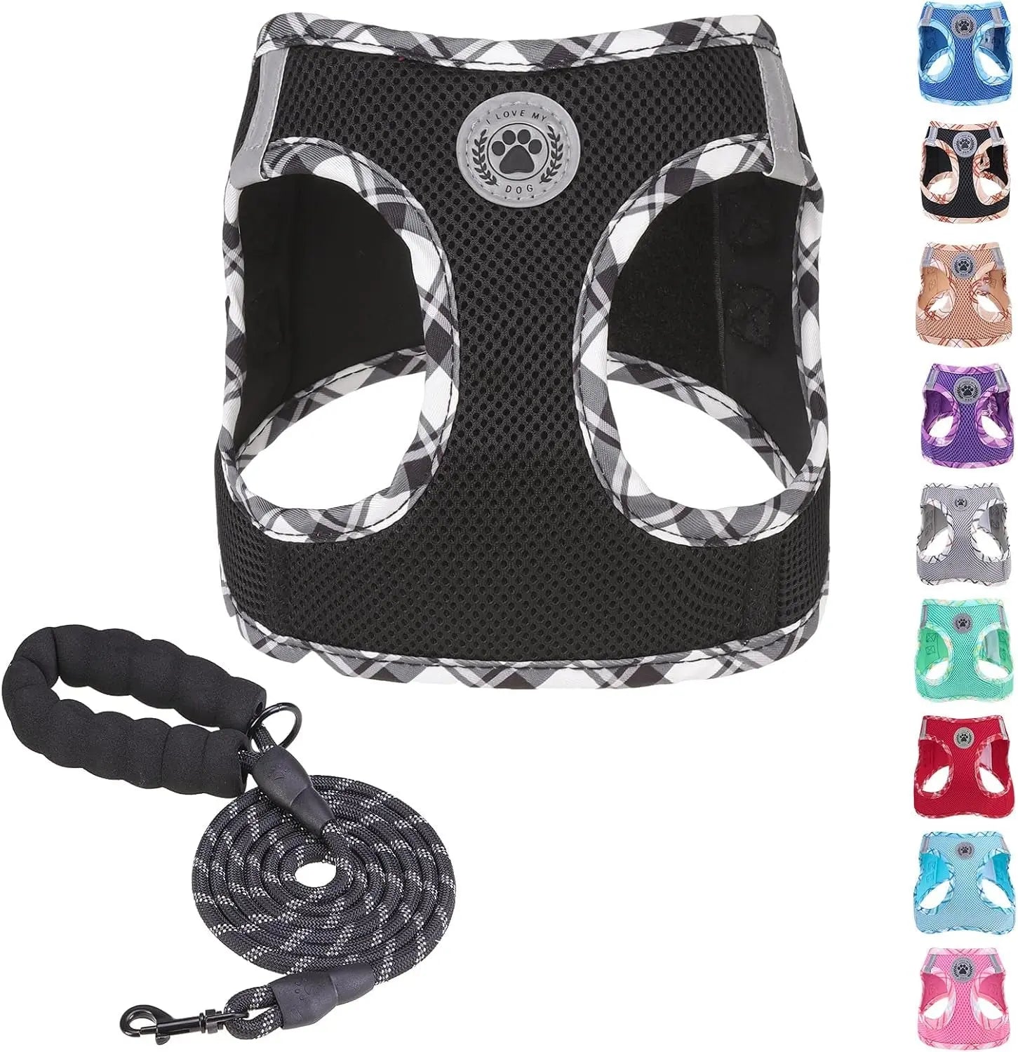 Black step-in dog harness with plaid top and paw badge and matching leash set, mesh