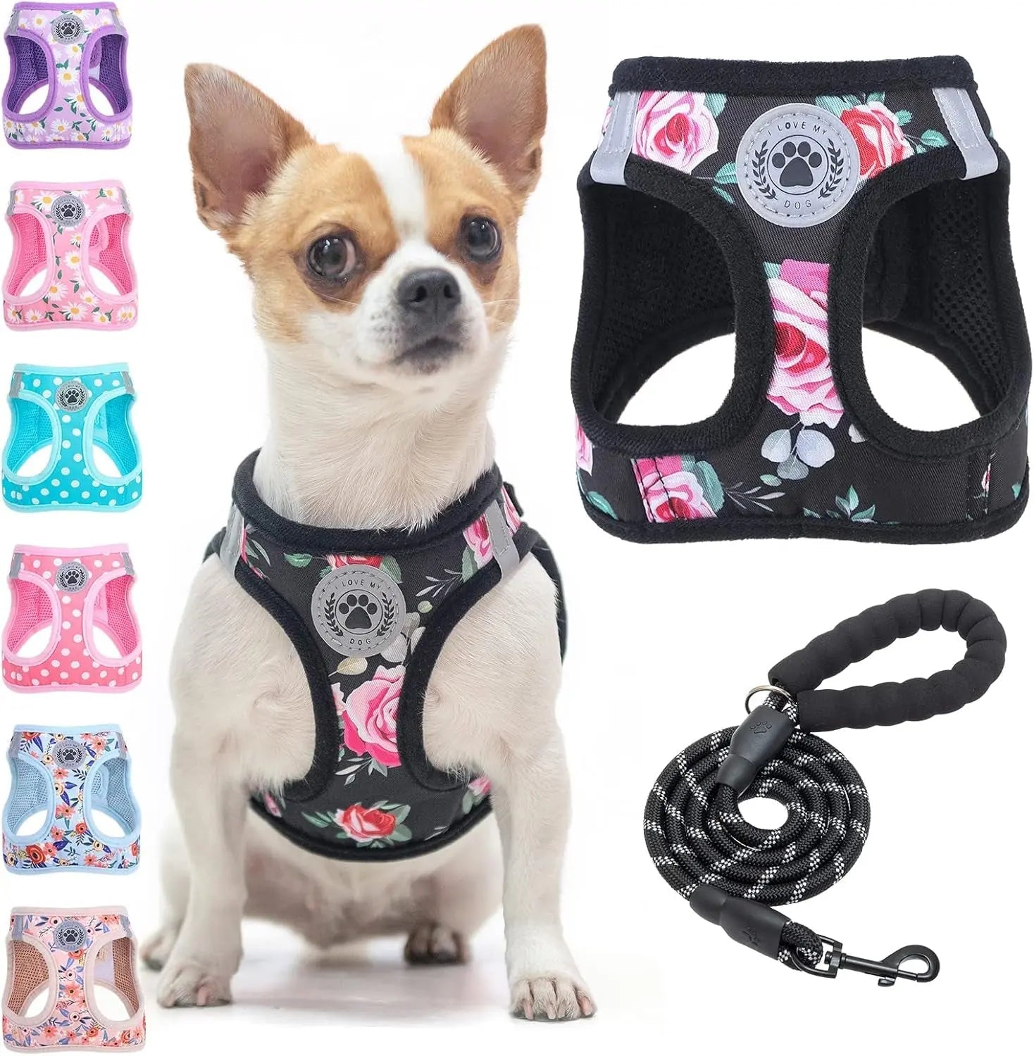Black rose-pattern step-in dog harness with paw badge and matching leash set, mesh