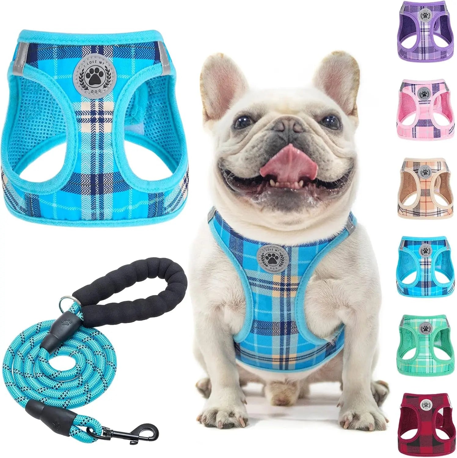 Blue plaid step-in dog harness with paw badge and matching leash set, mesh panels