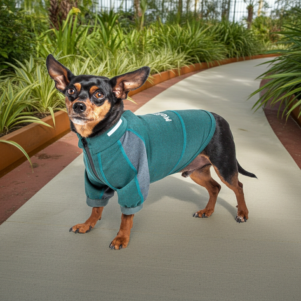 Dog yoga performance T-shirt in teal with gray paneling and hooded collar