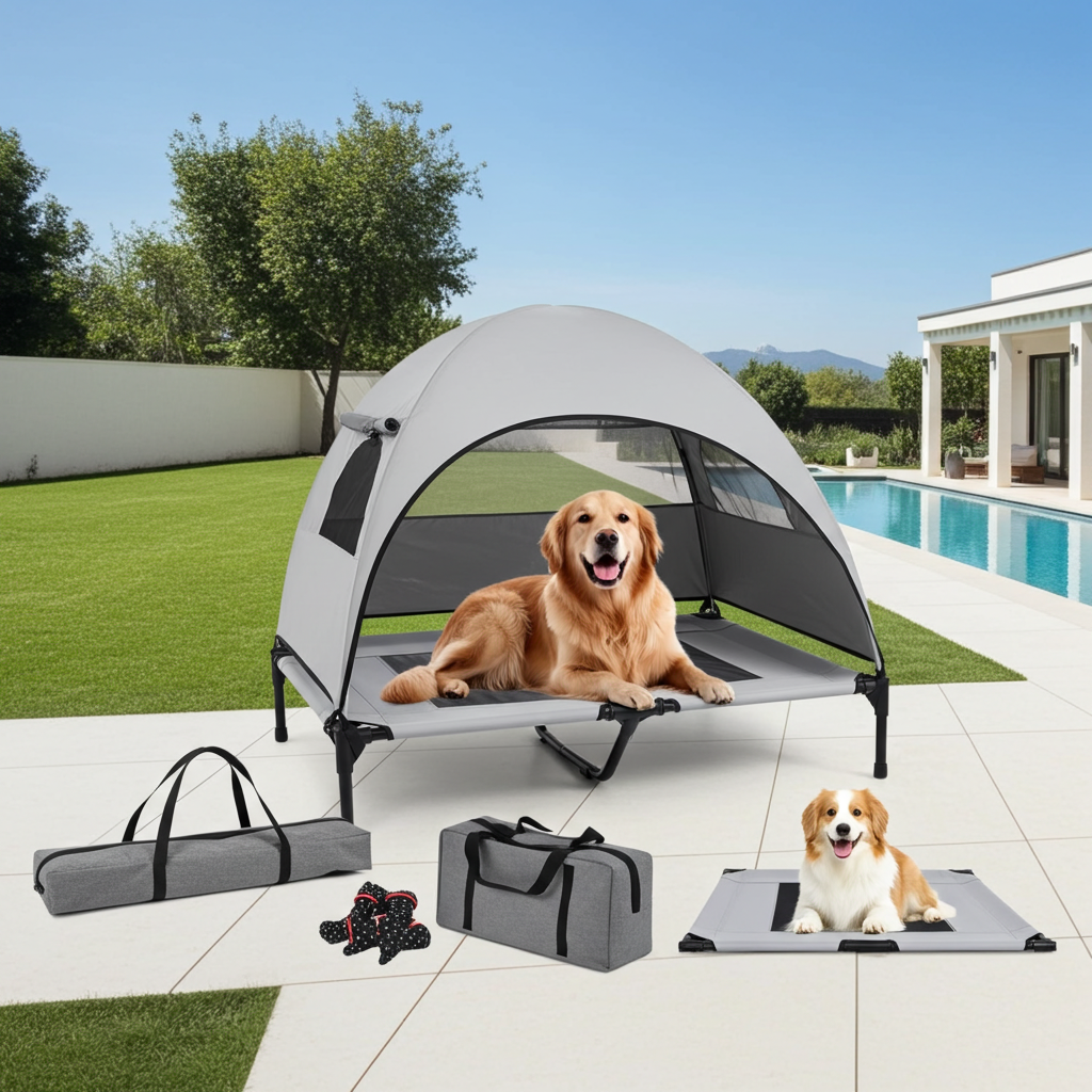 Elevated Outdoor Dog Bed with Cooling Canopy — UPF 50+, Waterproof, Foldable, S–L