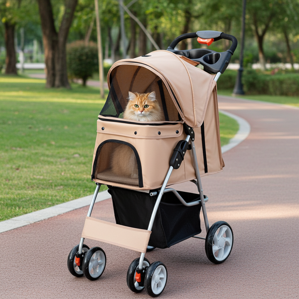 Beige 4-wheel foldable pet stroller with mesh front and protective canopy
