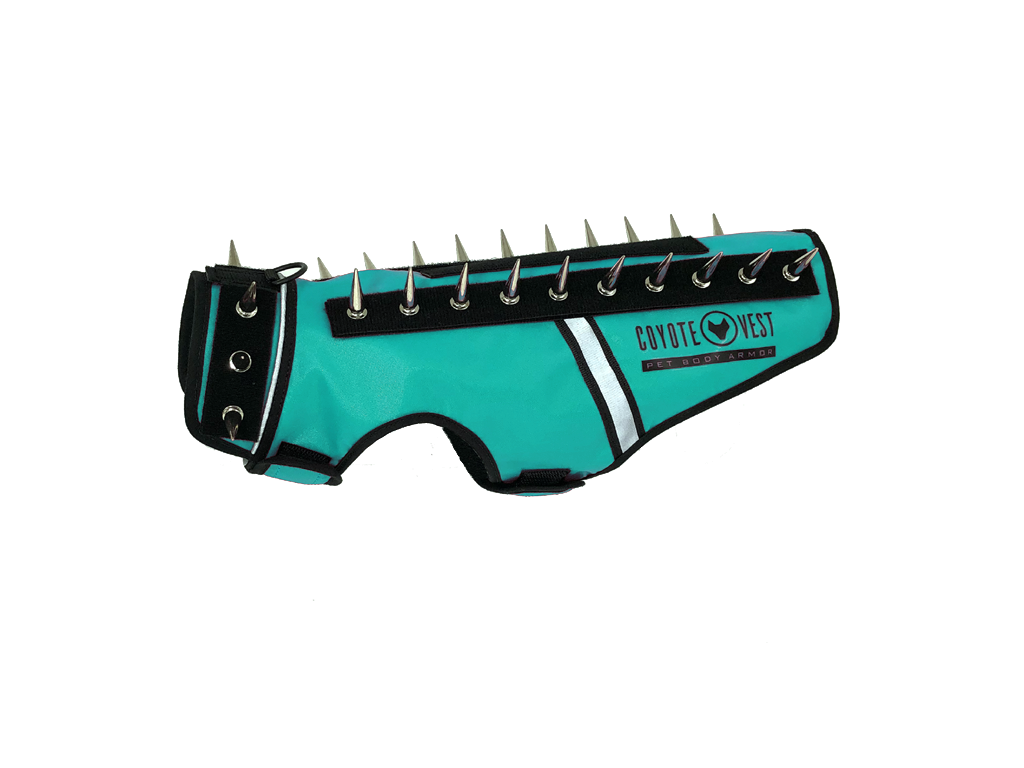 Turquoise spike cat vest with black spikes and white stripe, logo patch