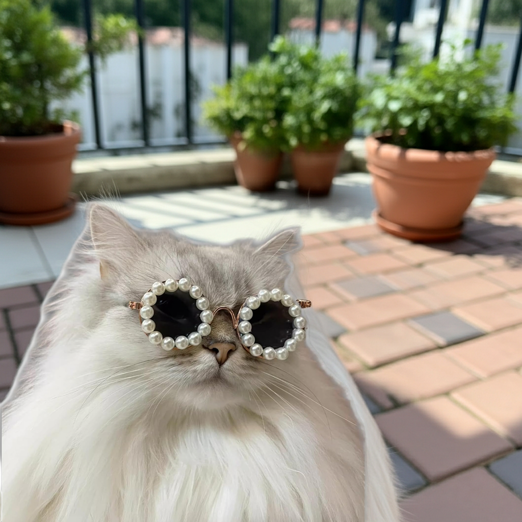 Pearl-rim round pet sunglasses on a white cat, dark lenses with black arms