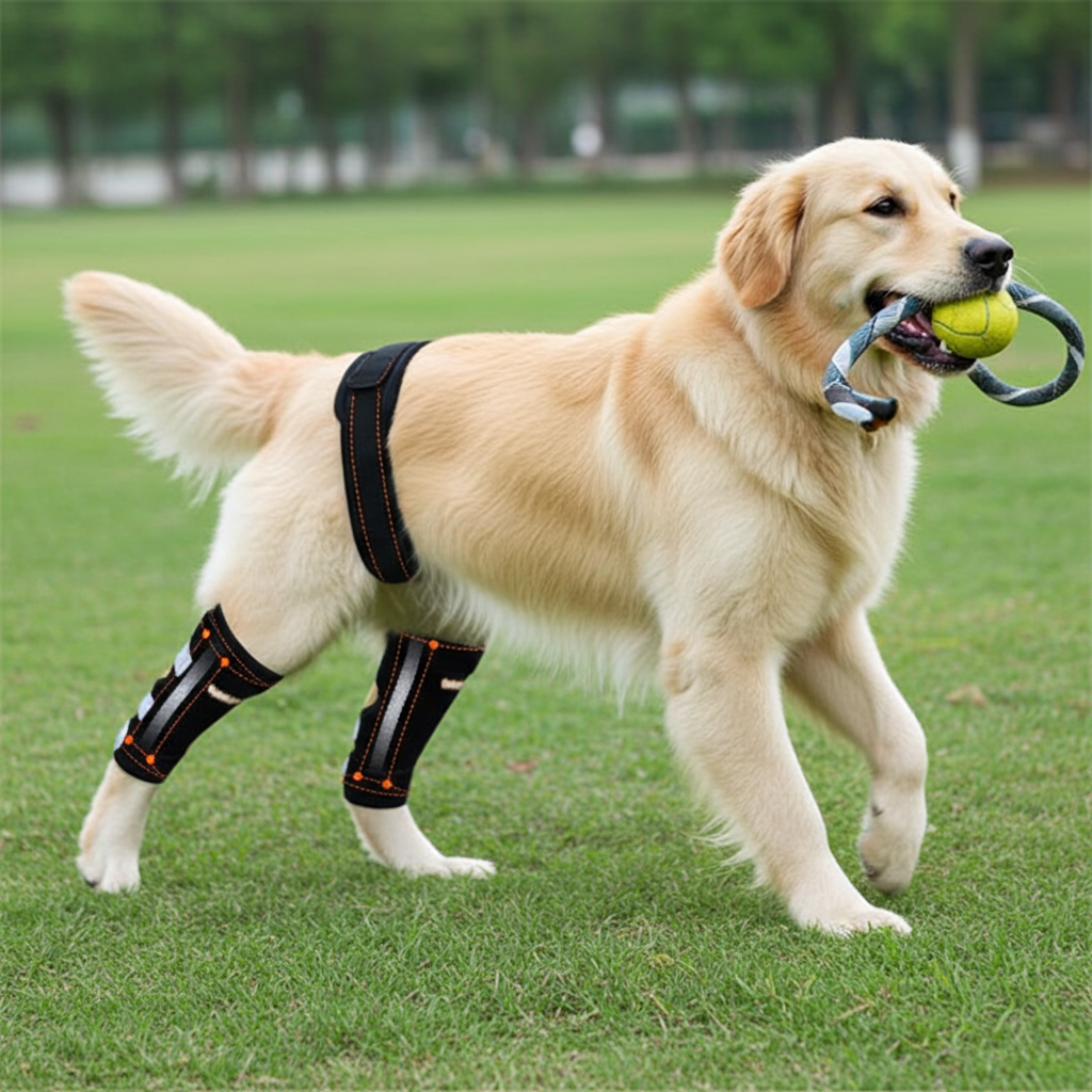 Dog rear leg hock brace with metal spring strips, black straps, on a cream dog