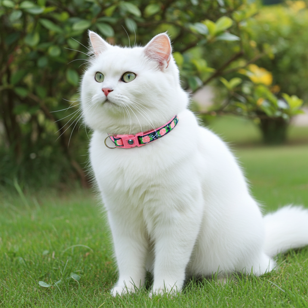 Cat wearing a pink-trim navy floral collar with buckle and clear flower bell charm