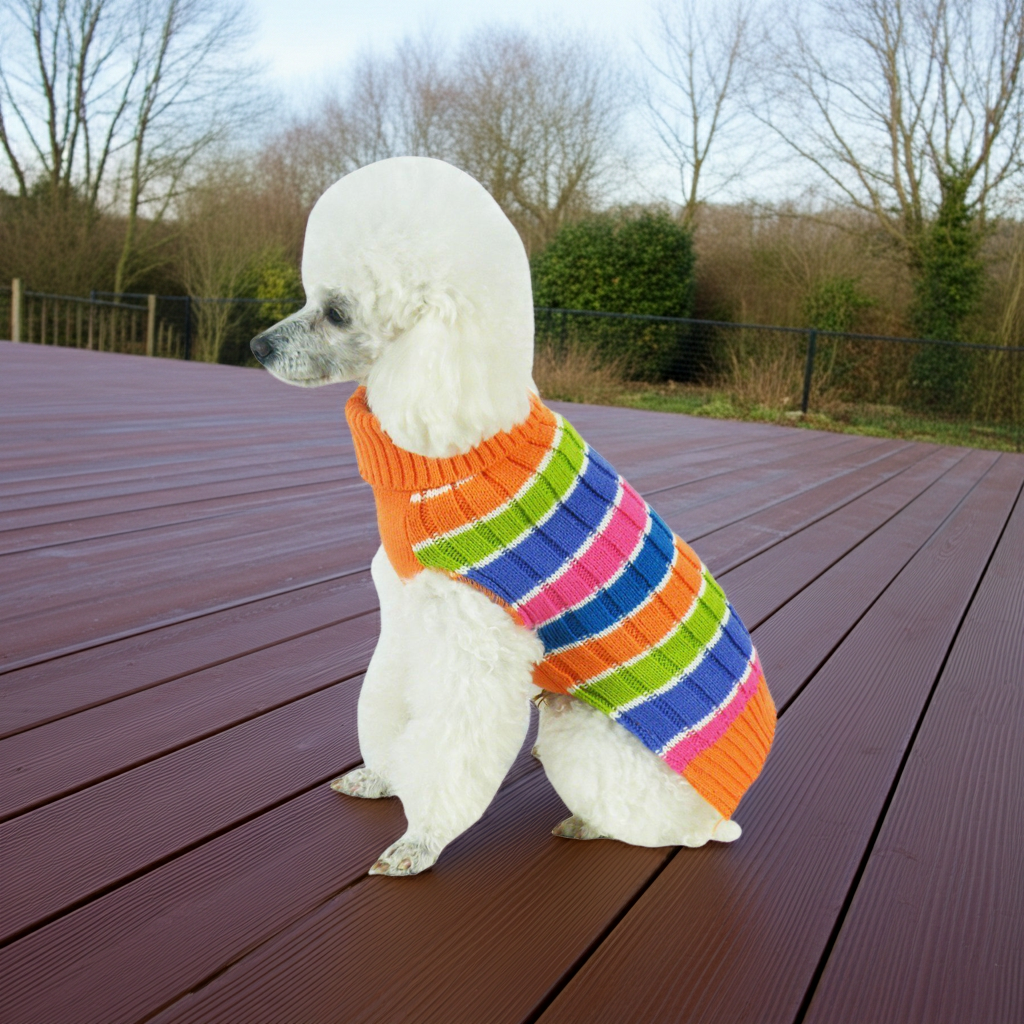 Rainbow striped knitted dog turtleneck sweater with ribbed heavy cable texture