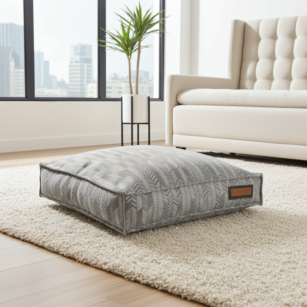 Lounger pet bed with gray chevron patterned cushion and brown label, low profile
