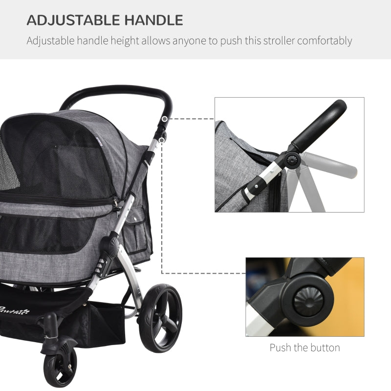 Pet stroller with adjustable handlebar, gray fabric body and black mesh canopy