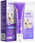 Purple pet oral care gel tube with applicator, plus retail box and finger-sleeve pouch.