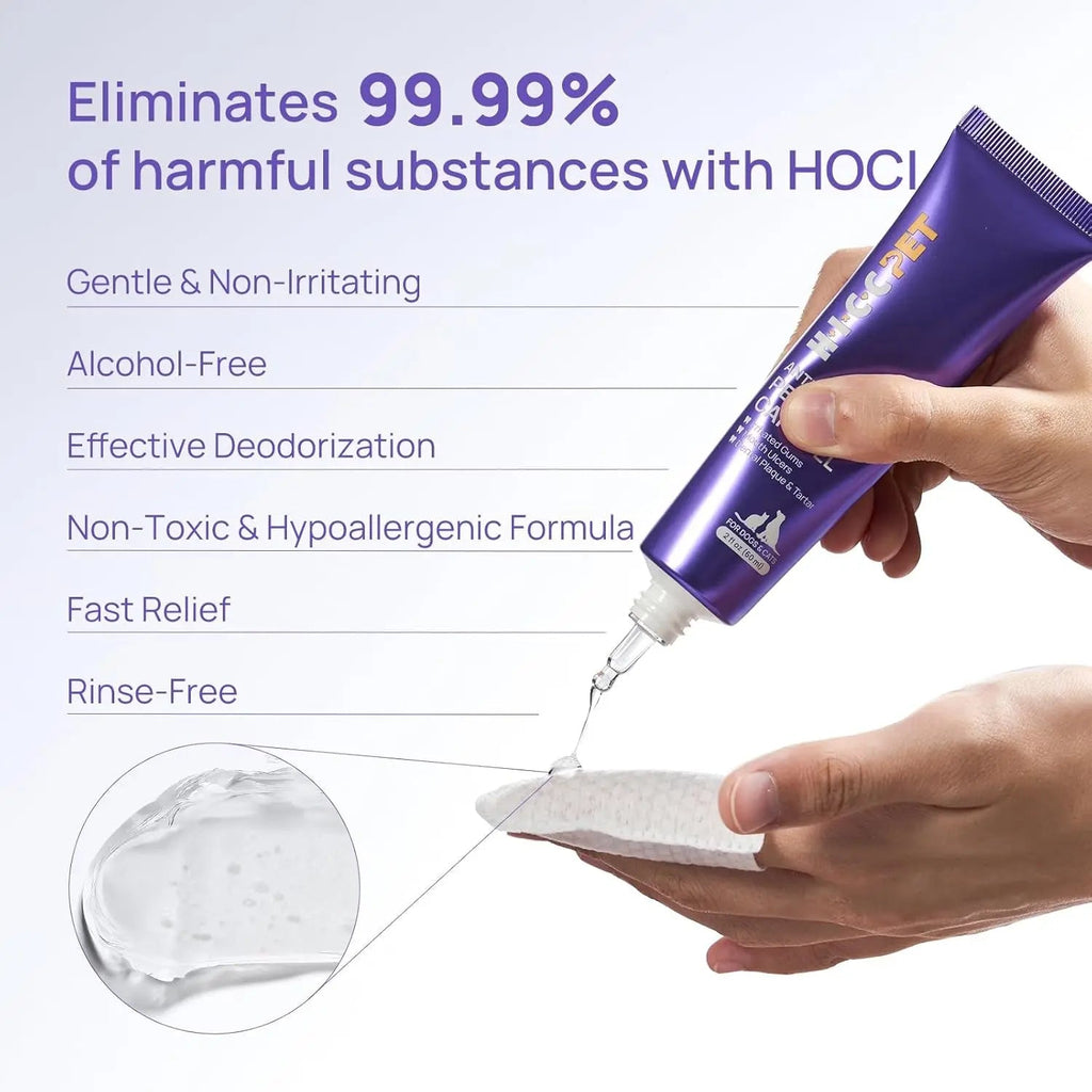 Hand holding purple pet oral care gel tube, with dispensing tip releasing gel.