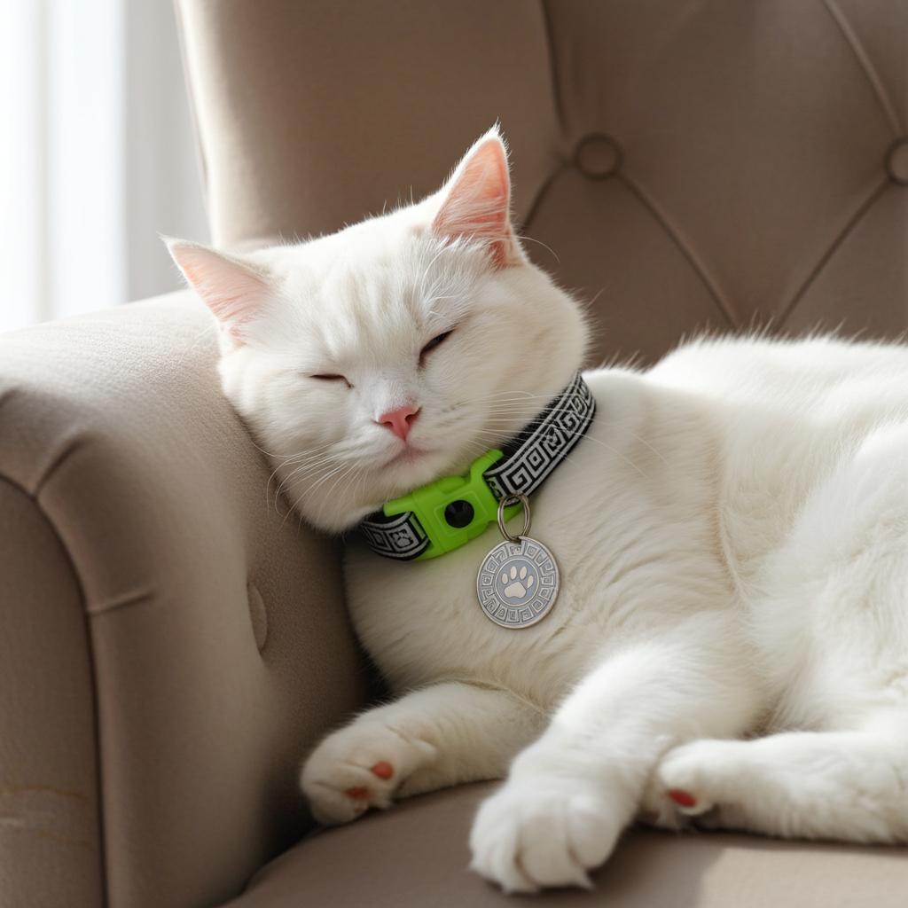 Cat wearing Greek key cat collar with neon green accents, round paw tag, black strap