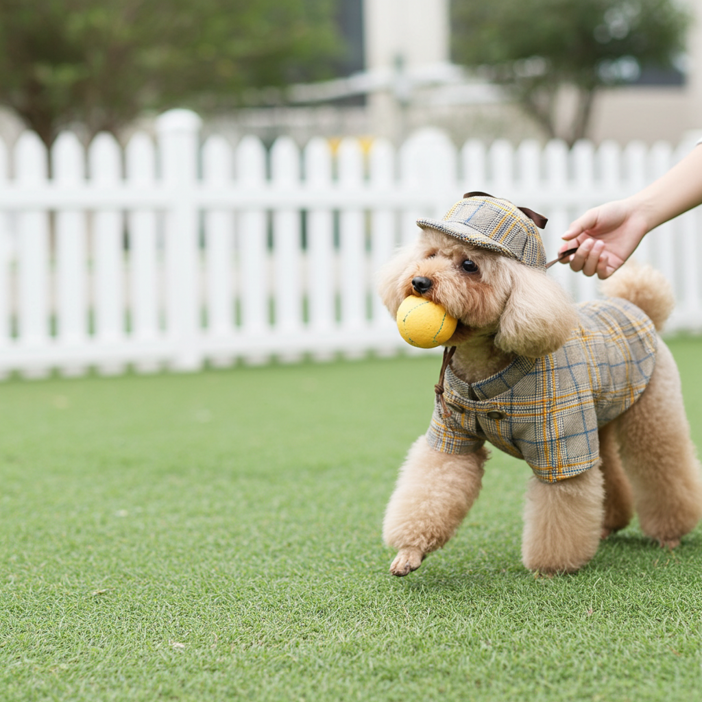 Plaid detective-style dog cloak outfit with hood and matching cap