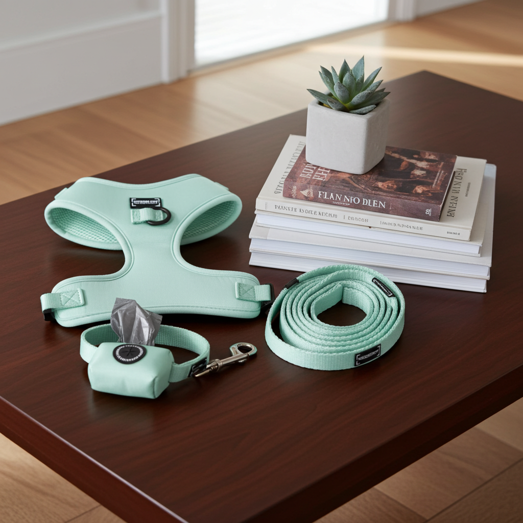 Mint green pet harness bundle with leash and matching accessory pouch