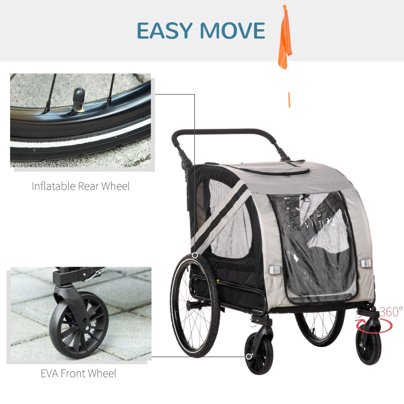 Grey and black 2-in-1 pet trailer stroller with transparent front panel and lift handle
