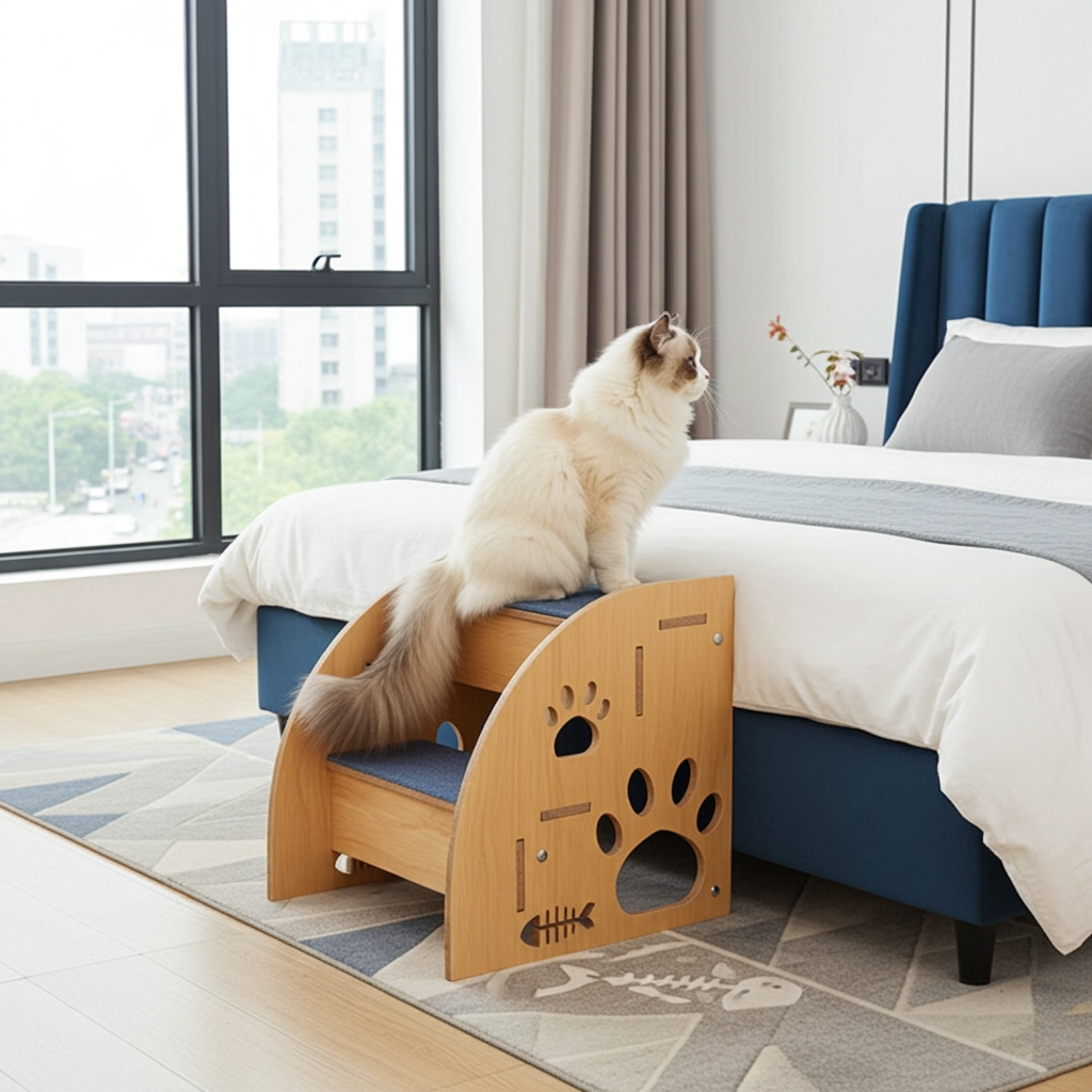 Wooden non-slip pet ramp with paw cutout steps for small dogs