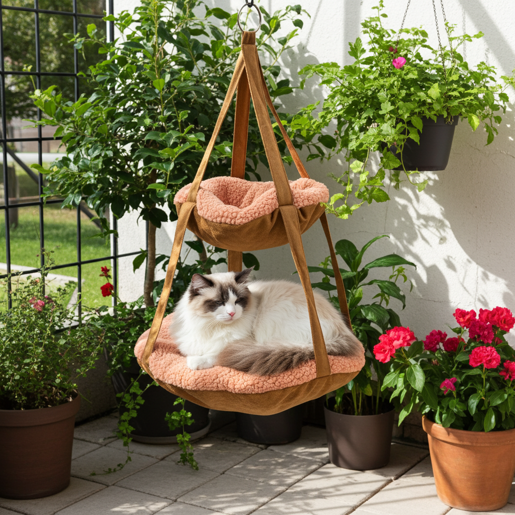 Hanging cat hammock bed with brown ring frame and peach plush liner; cat lounging.