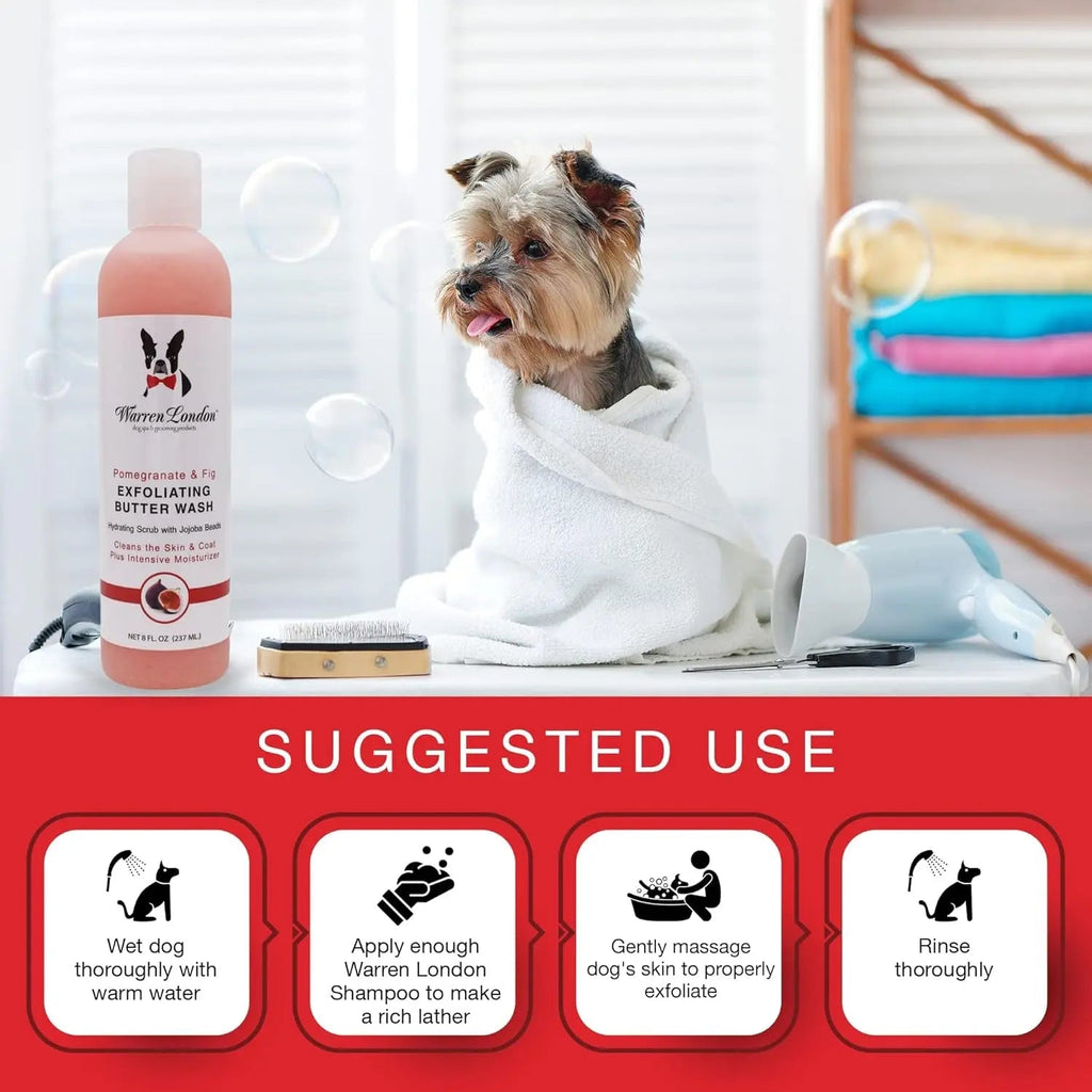 Dog exfoliating butter wash bottle with flip-top, pink liquid bottle on bathroom counter