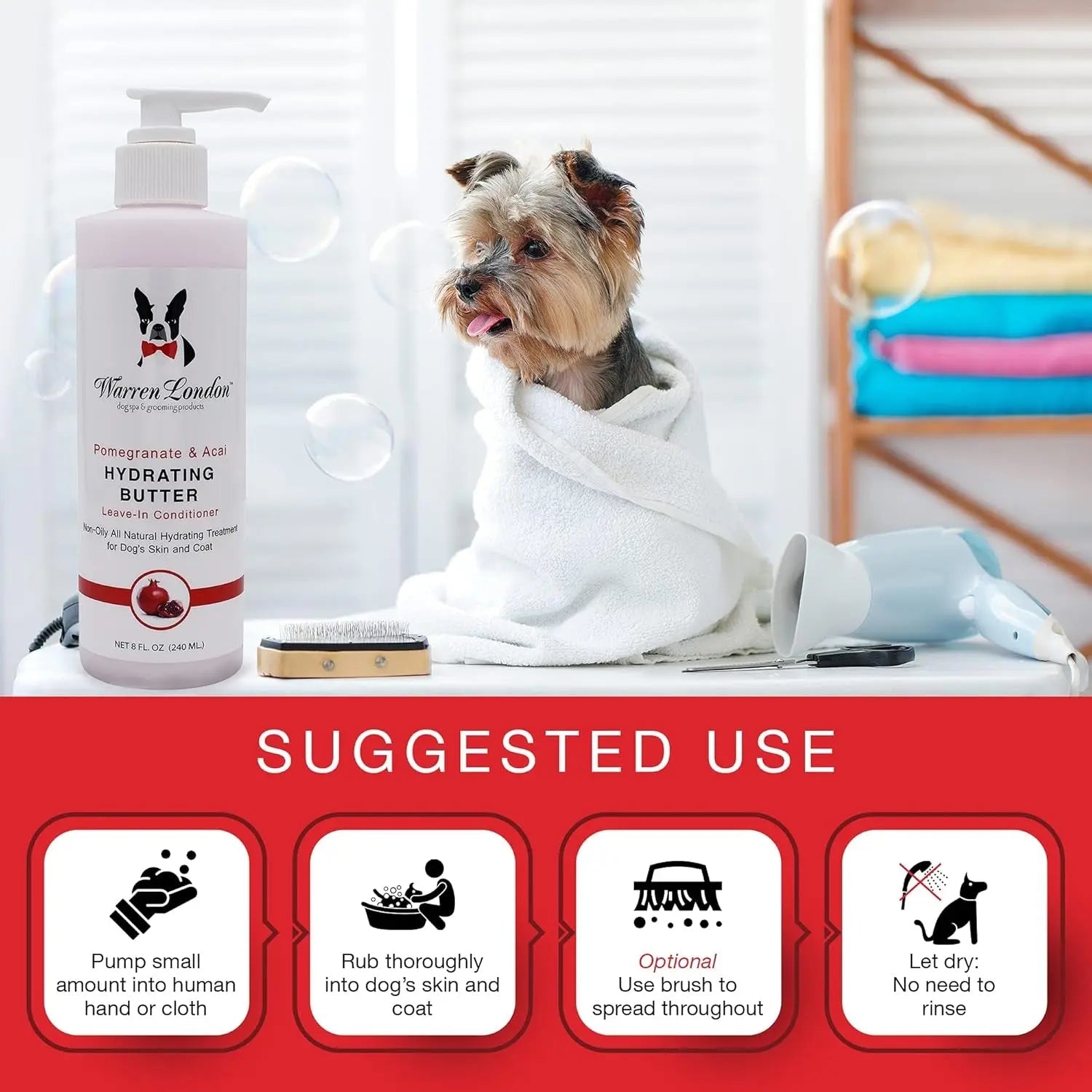 Dog hydrating butter leave-in conditioner bottle with pump, pink liquid bottle
