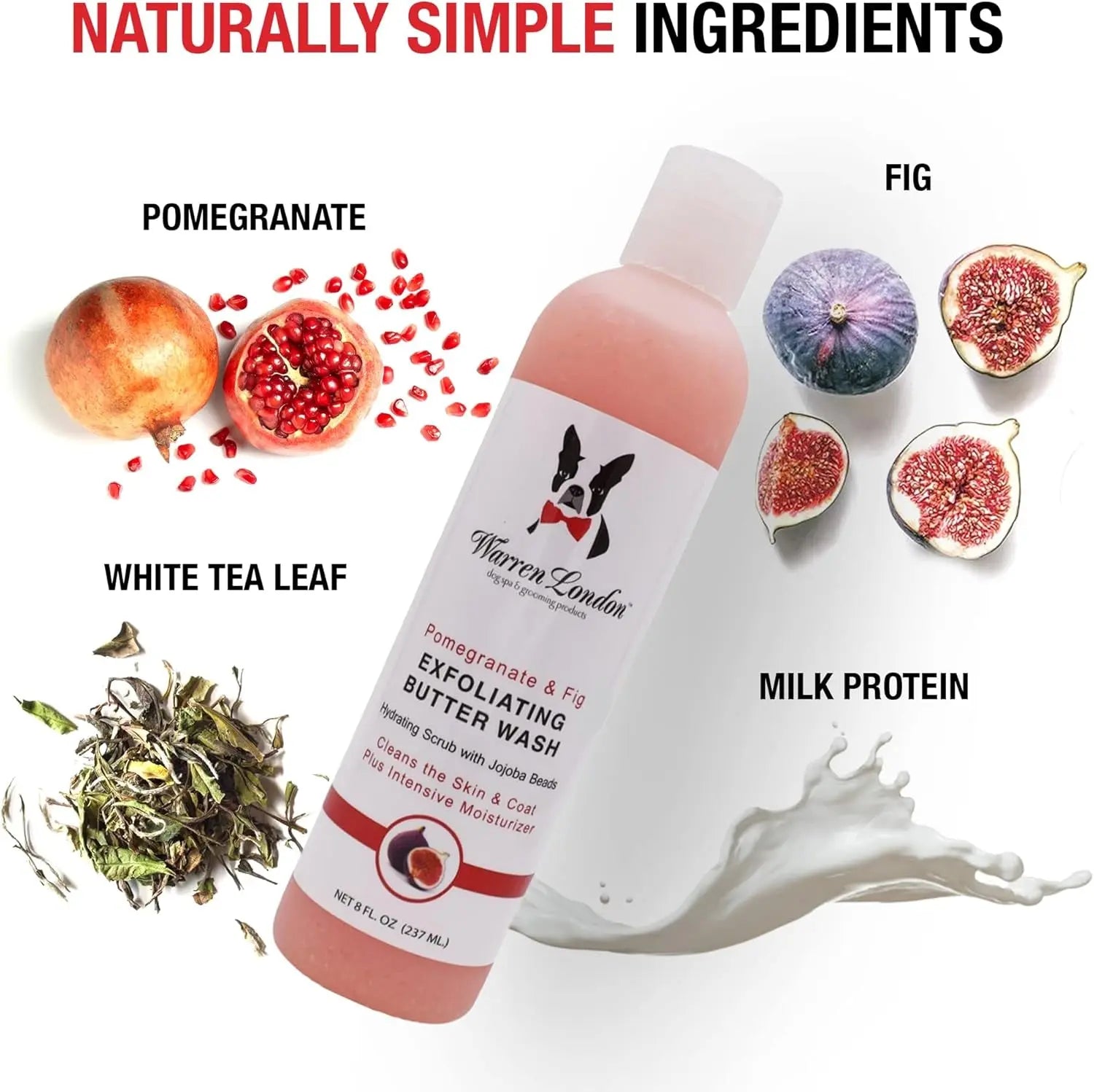 Dog exfoliating butter wash bottle with flip-top, pink bottle with ingredient graphics