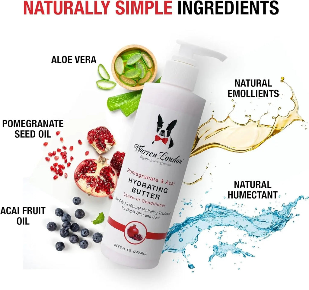 Dog hydrating butter leave-in conditioner bottle with pump, pink bottle with ingredient icons