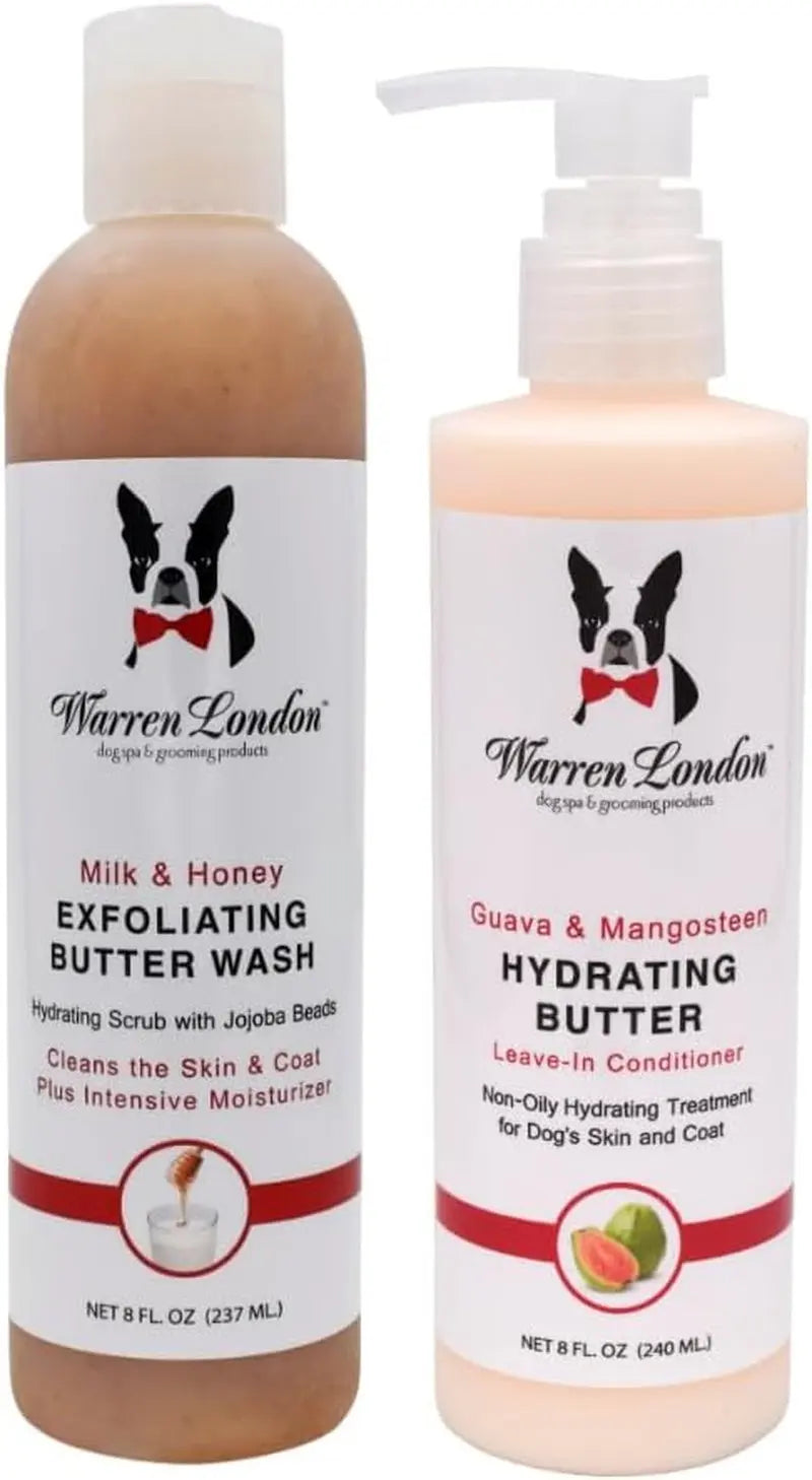 Dog grooming butter bottles set: exfoliating wash and hydrating leave-in, pink bottles