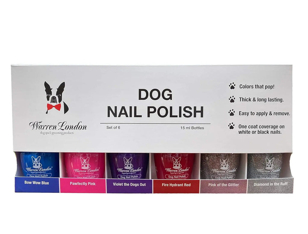 Dog nail polish gift box showing six small bottles of bright colors