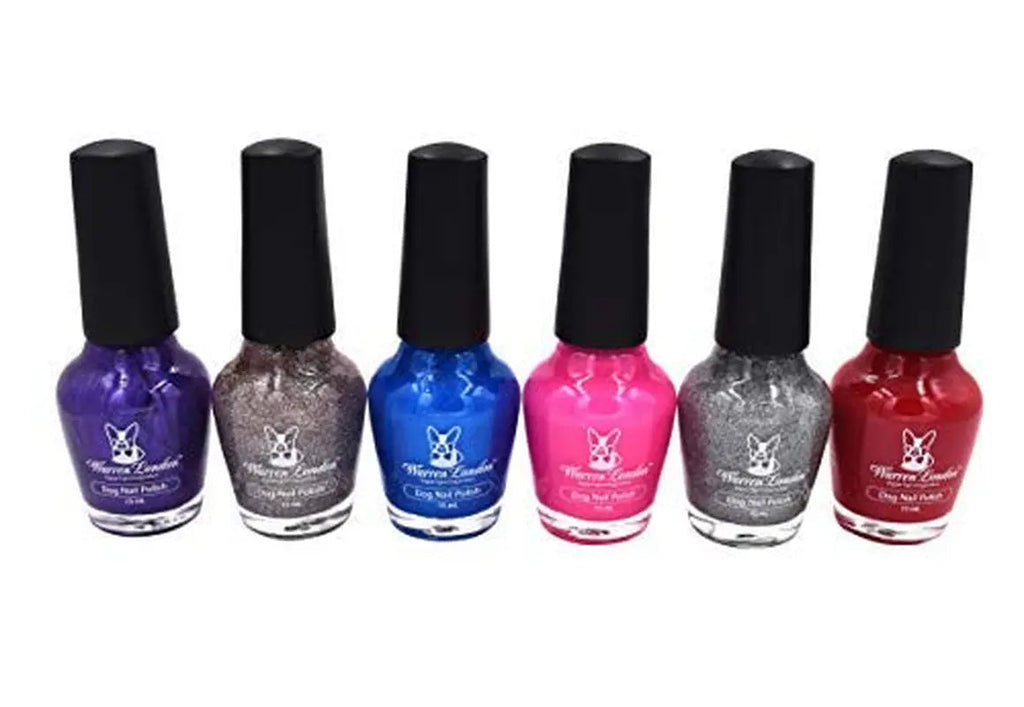 Six dog nail polish bottles with black caps in bright solid and glitter shades
