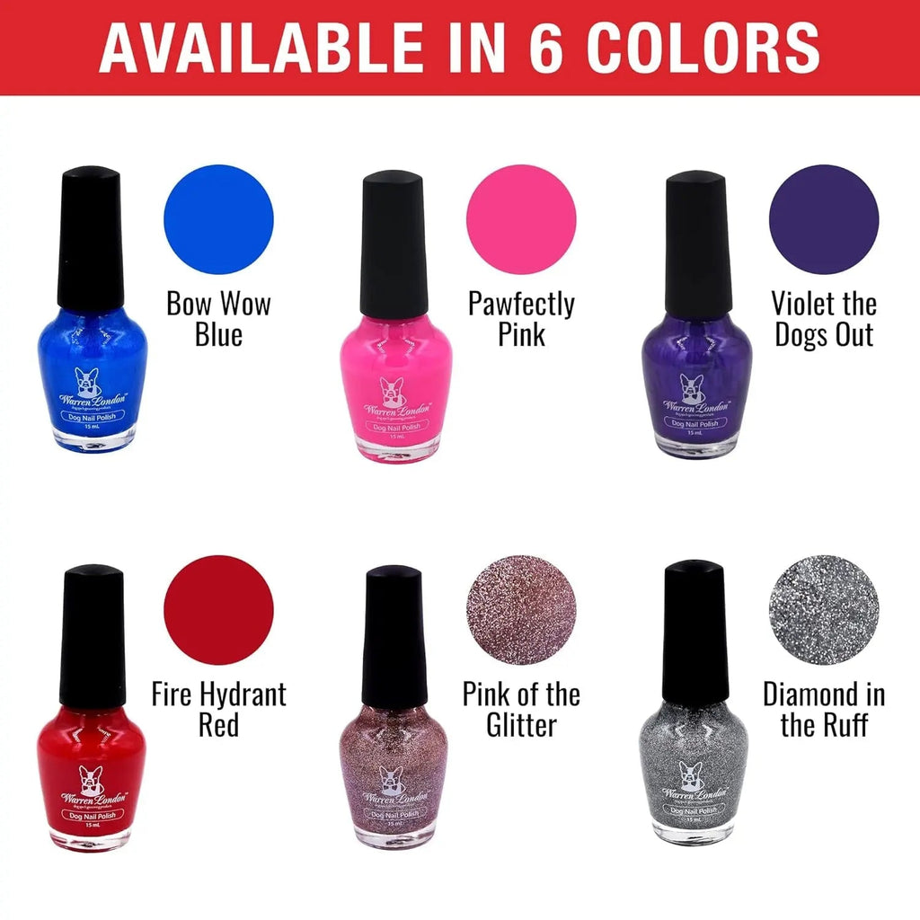 Six dog nail polish bottles with black caps: blue, pink, purple, red, and glitter