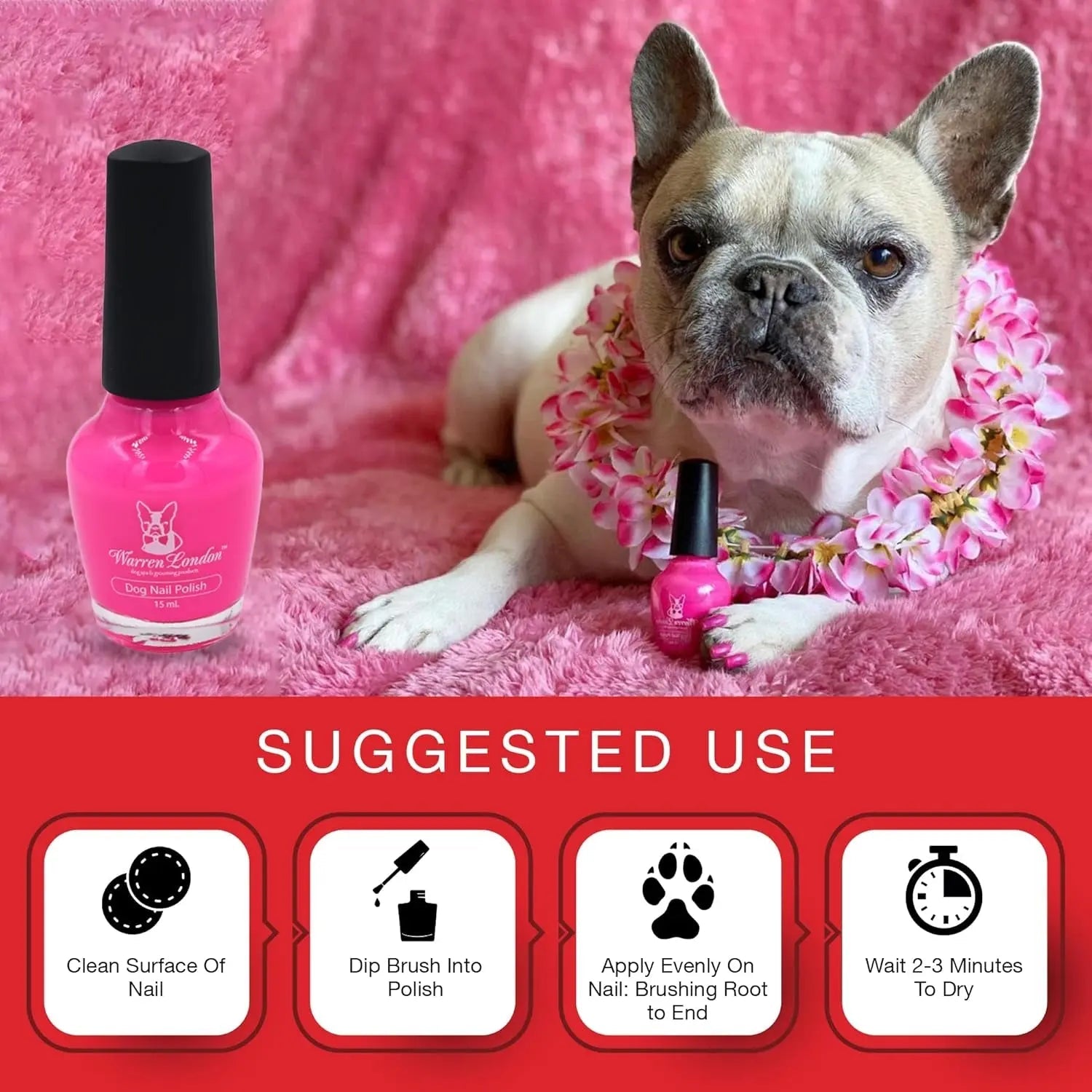 French bulldog on a pink blanket with a pink dog nail polish bottle
