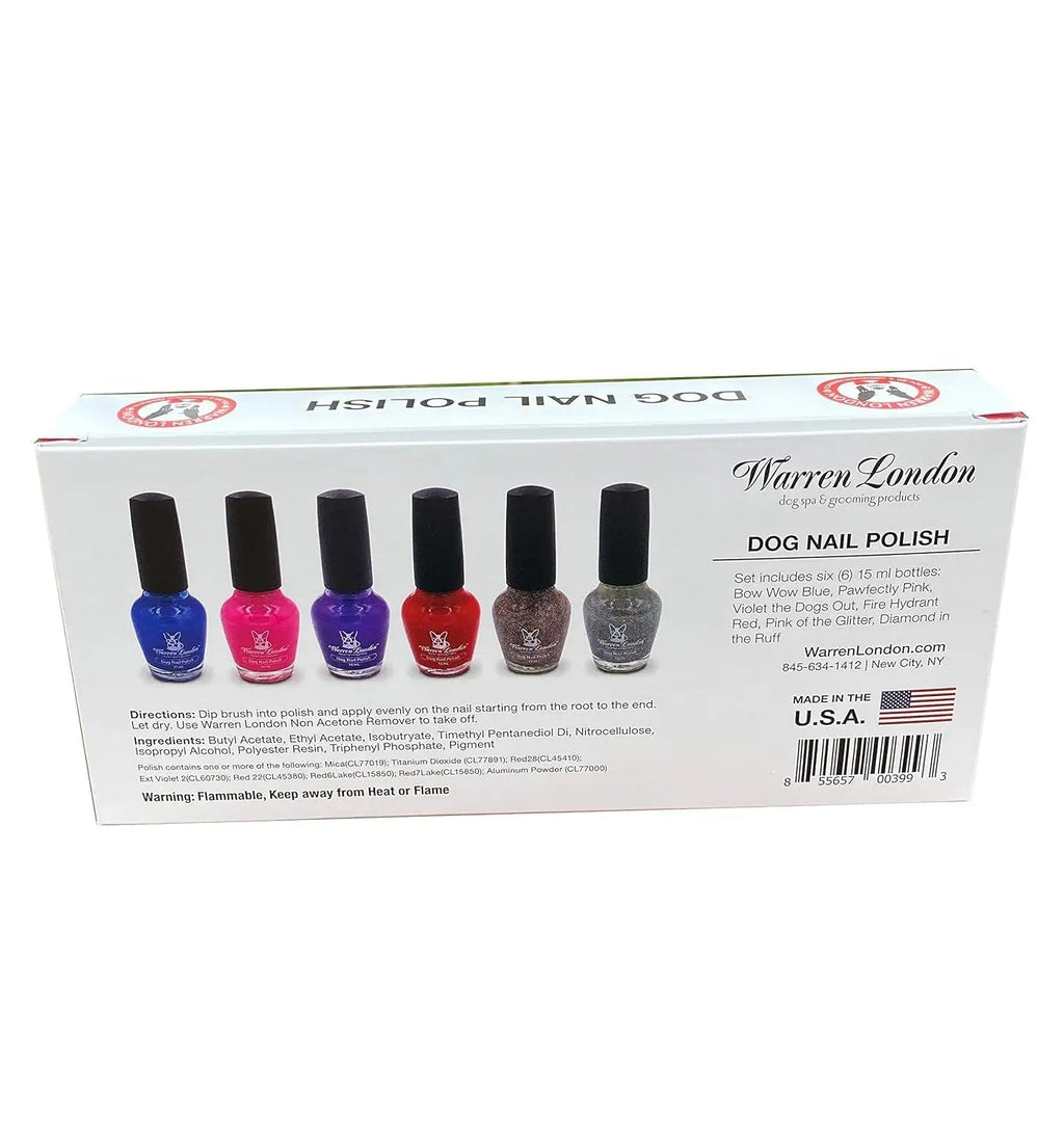 Back of dog nail polish box showing six small bottles