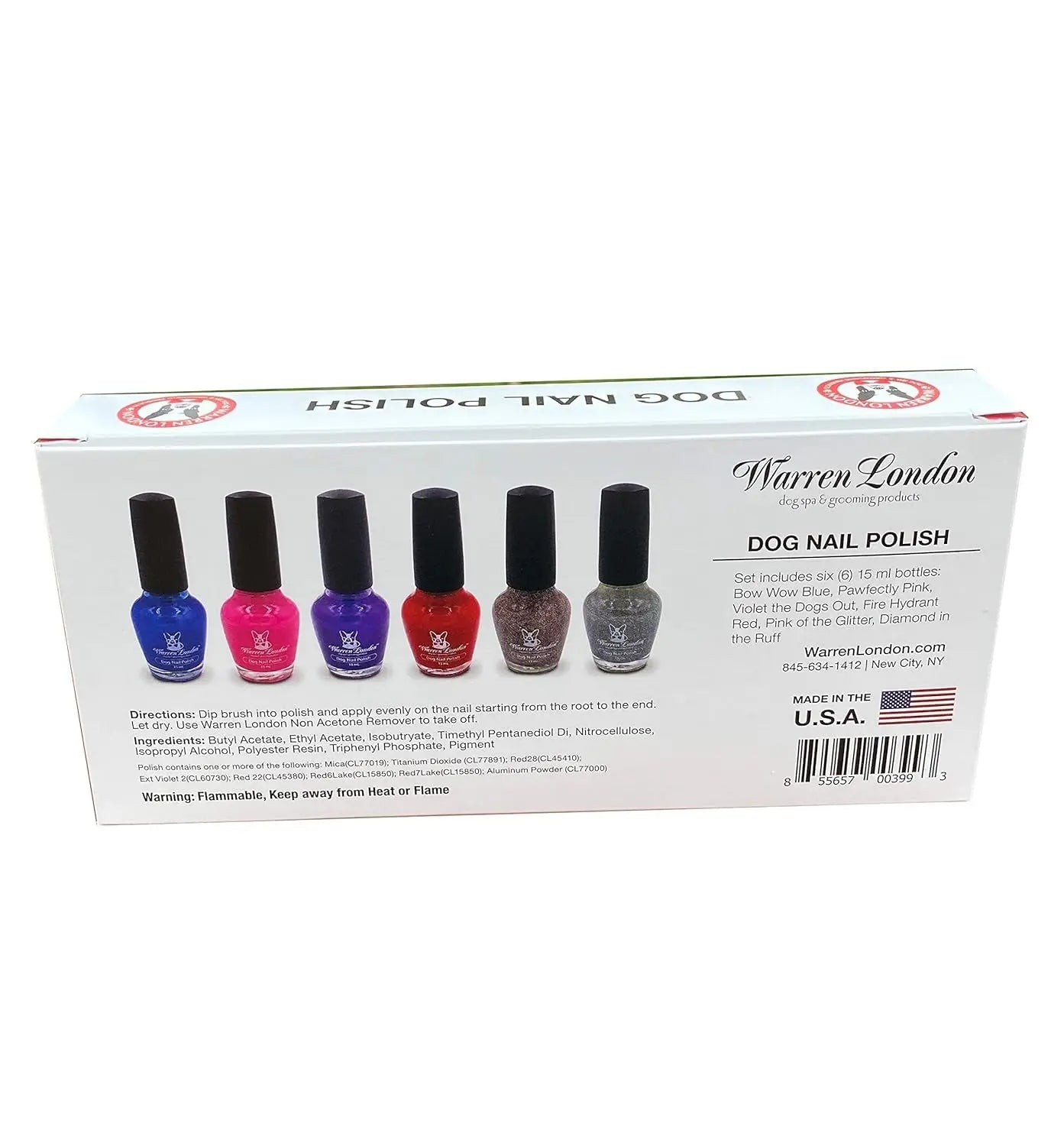 Back of dog nail polish box showing six small bottles