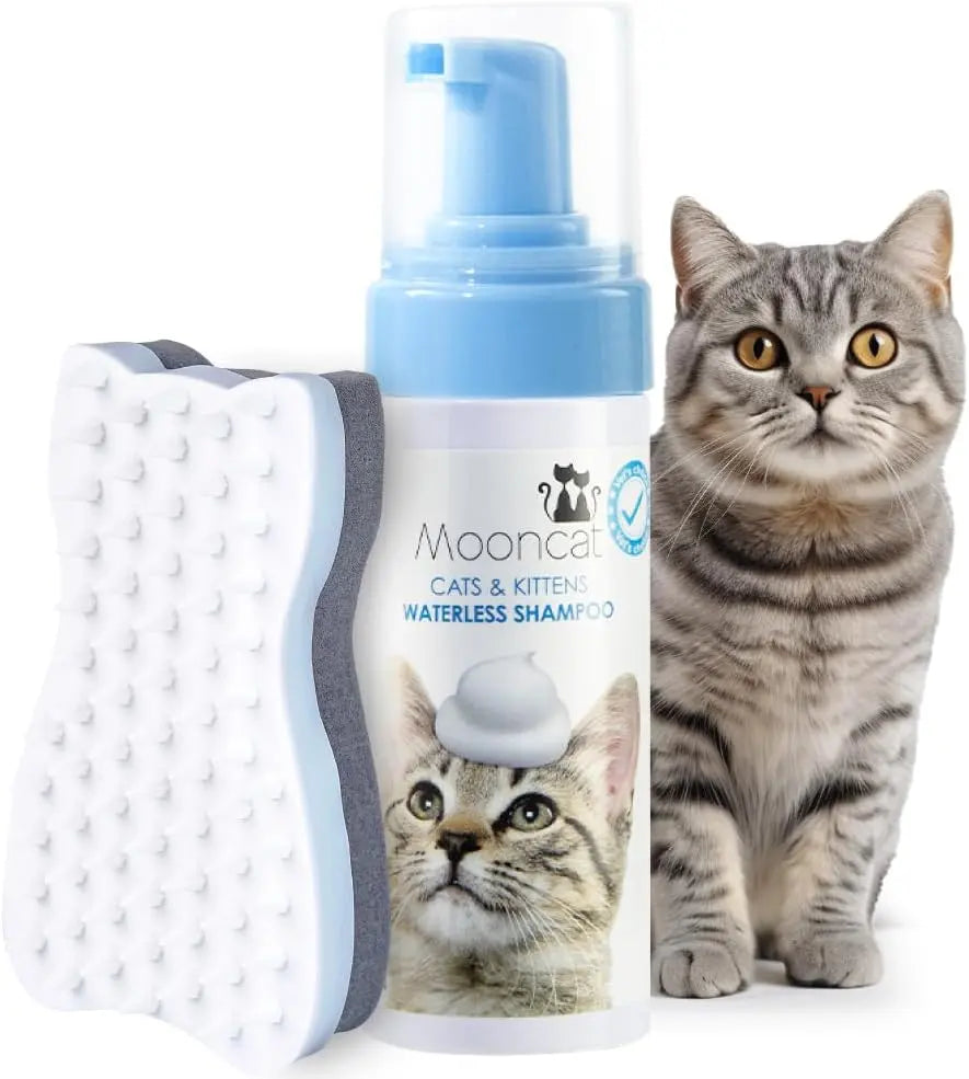 Waterless cat shampoo foam bottle with brush attachment and tabby cat