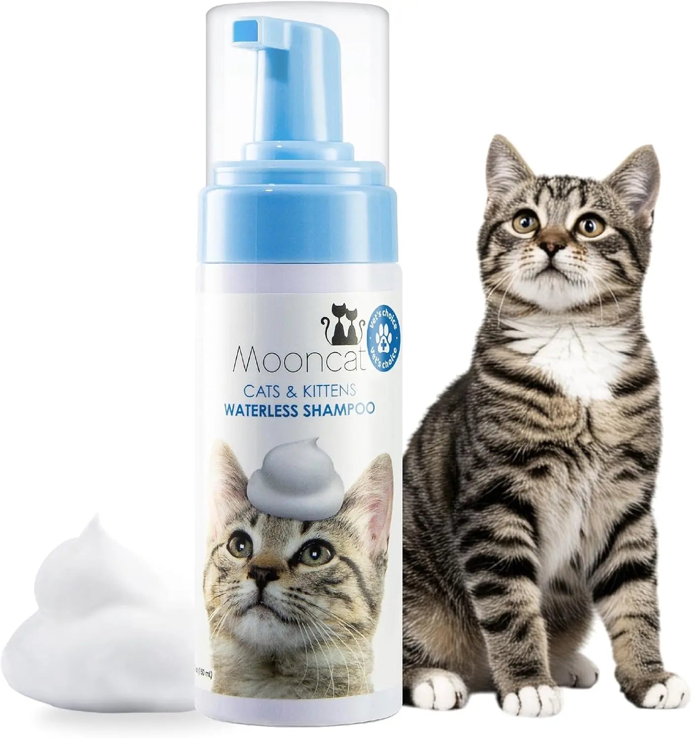 Waterless cat shampoo foam bottle with pump, foam blob, and tabby cat